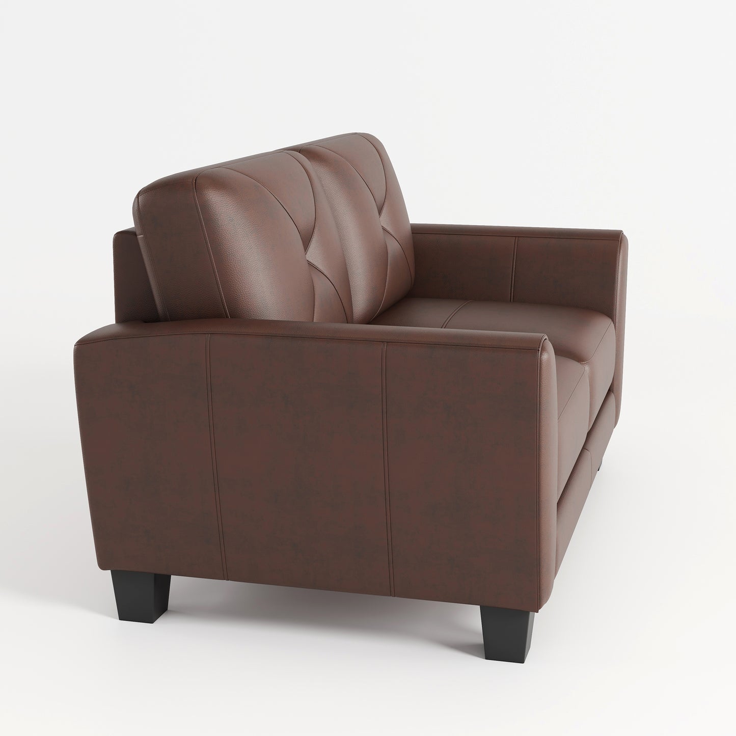 Brown leather sofa with tufted back cushions and square black legs