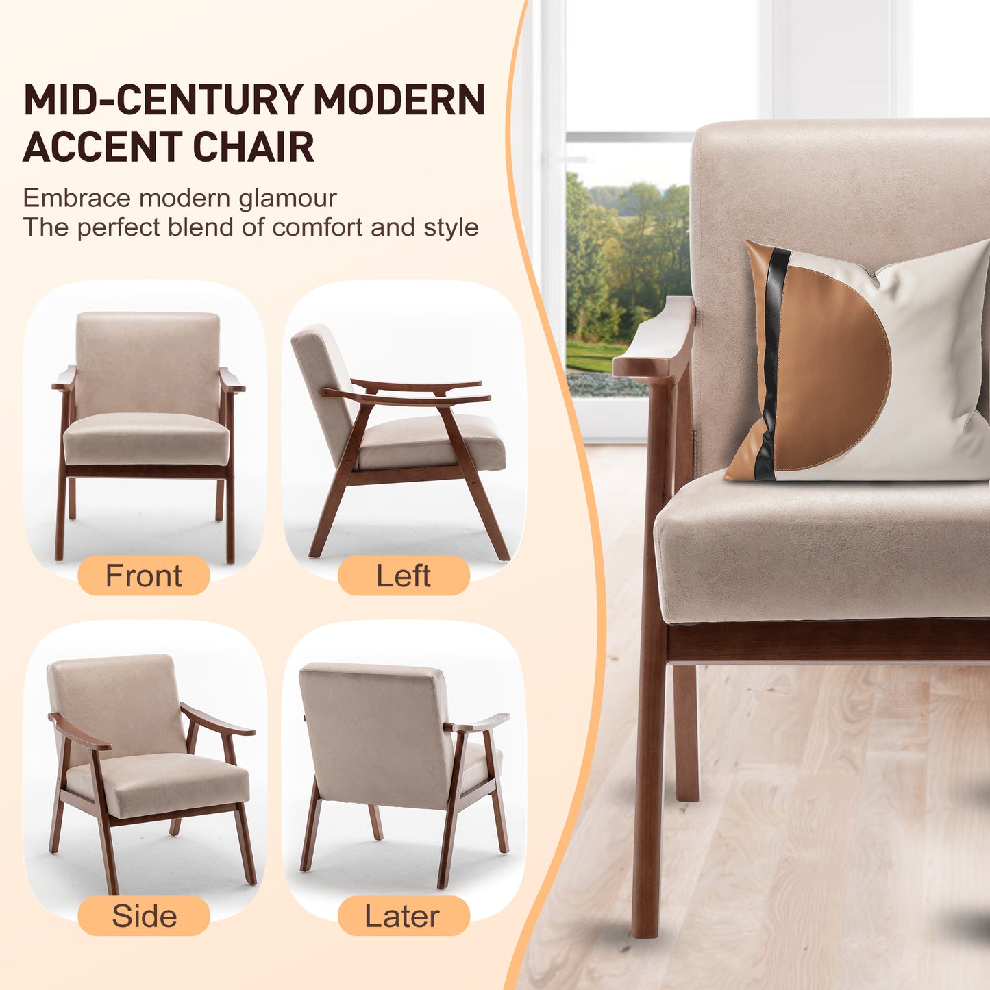 Beige upholstered midcentury modern accent chair with wooden frame front view