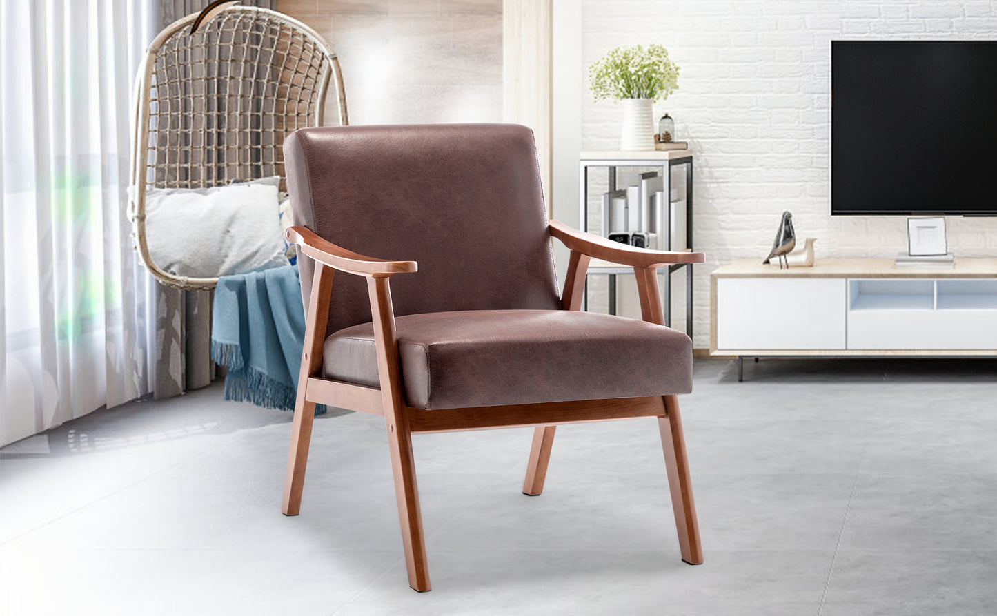 Brown faux leather accent chair with natural wood frame and armrests ideal for living rooms