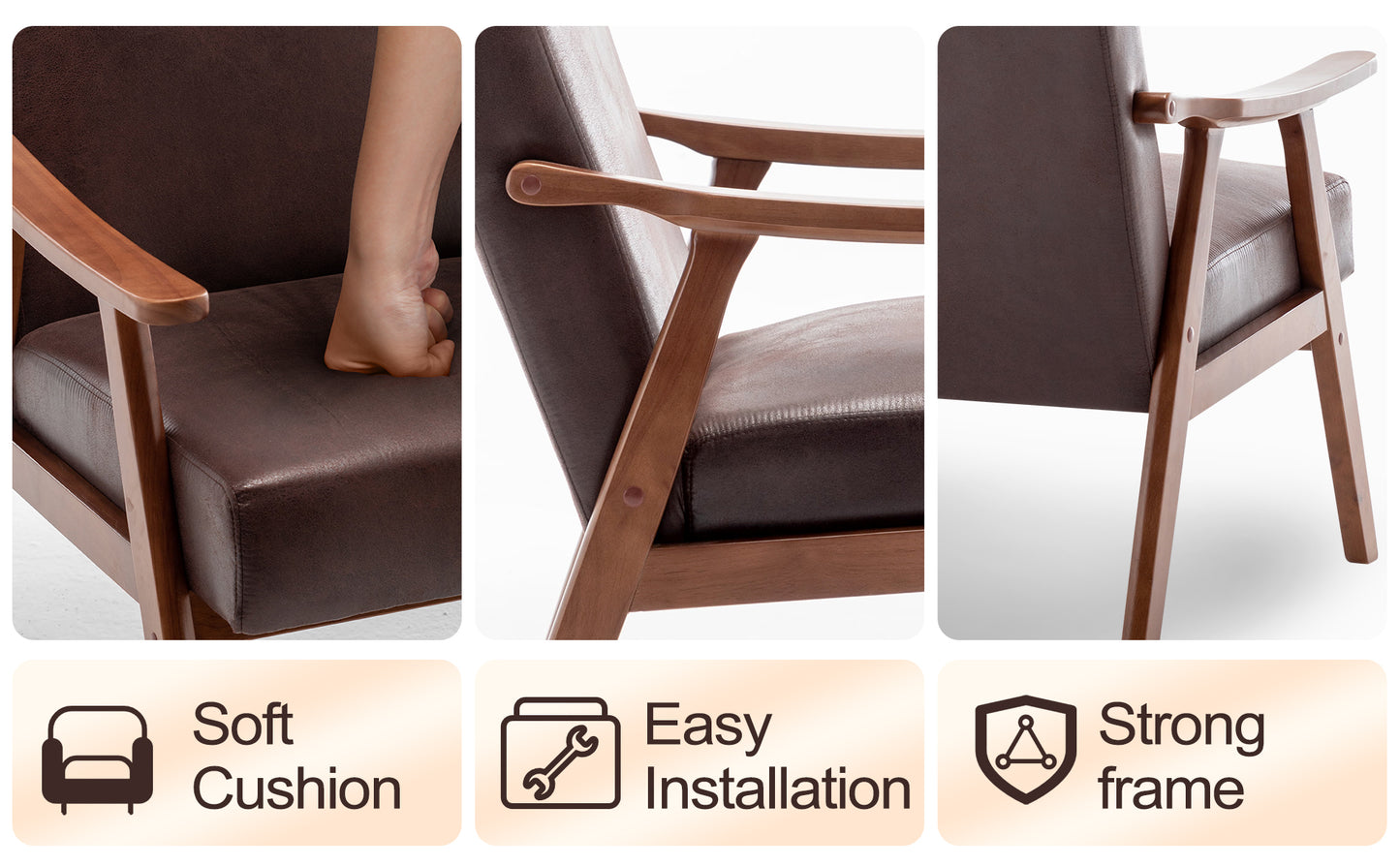 Dark brown leather armchair with a plush cushion and wooden frame