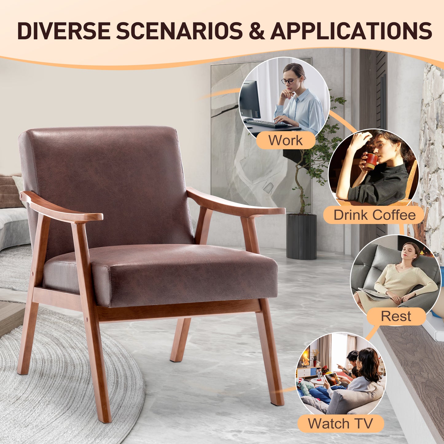 Brown faux leather armchair with natural wood frame ideal for comfortable seating