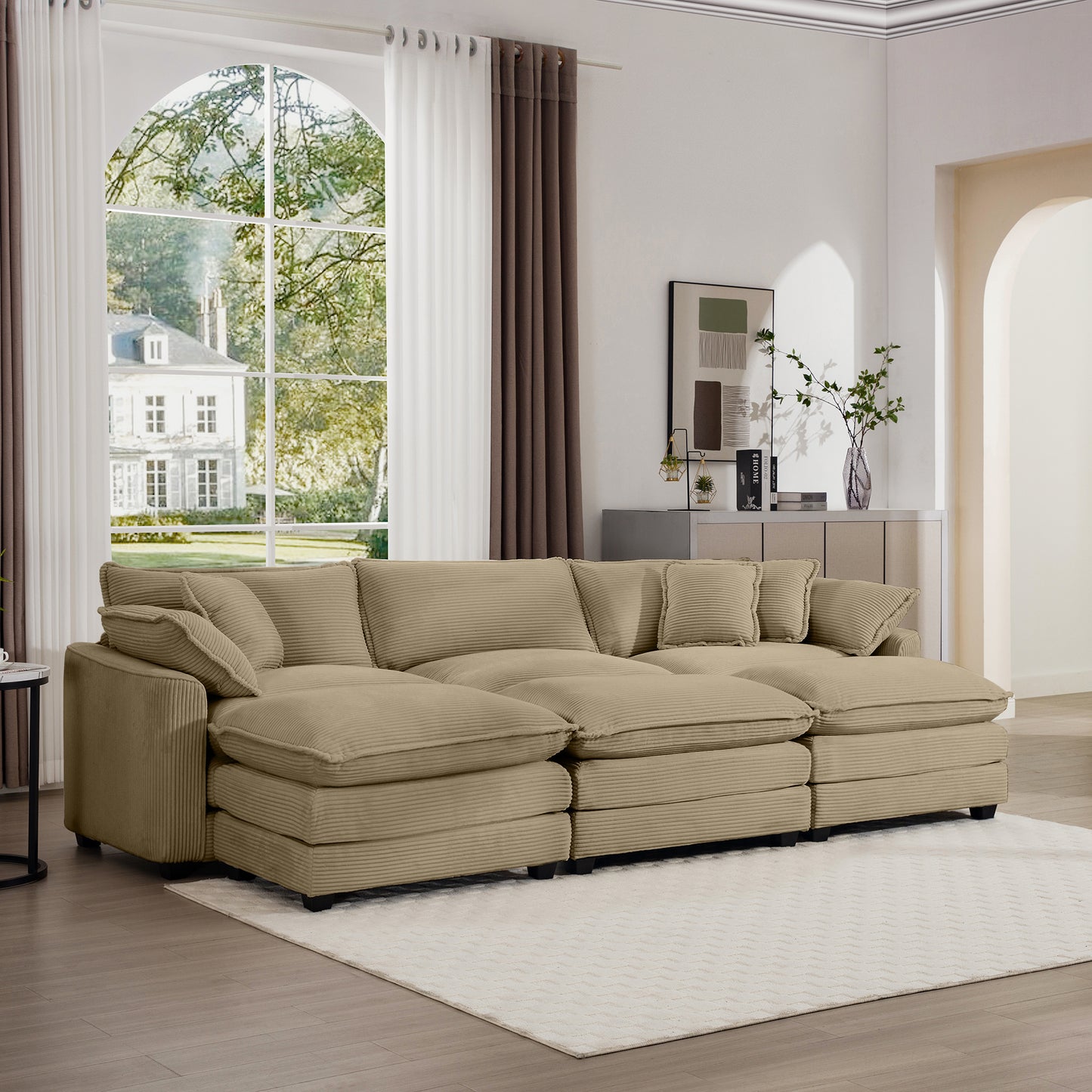 Plush beige corduroy sectional sofa with deep seating and soft square cushions ideal for a modern living room