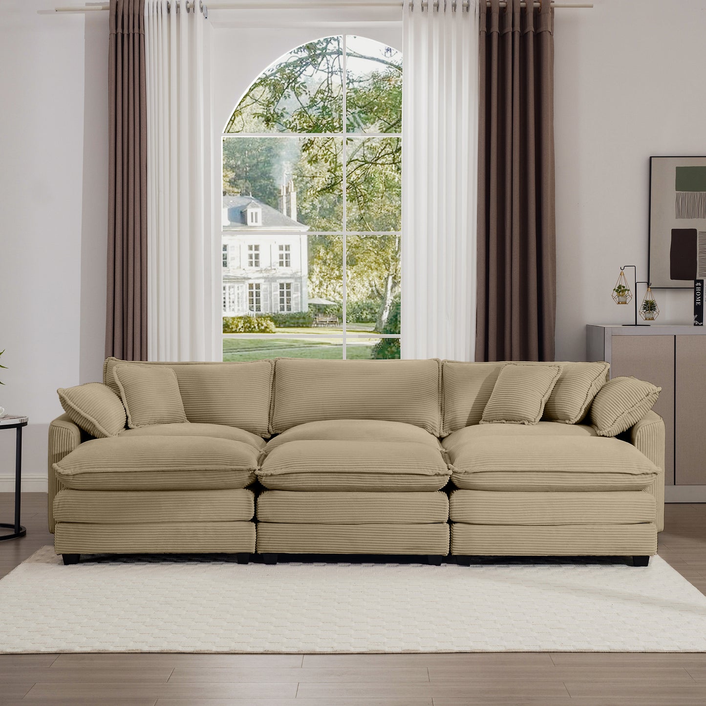 Beige corduroy sectional sofa with plush cushions modern living room furniture