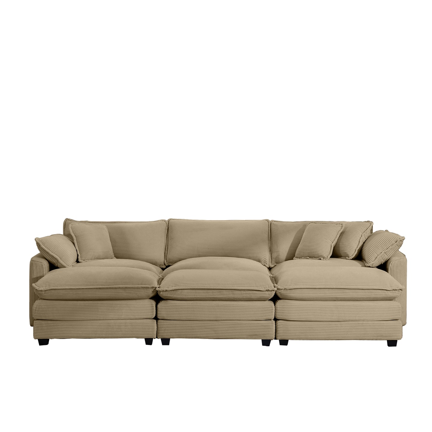 Beige corduroy sectional sofa with deep seats and plush throw pillows for ultimate comfort