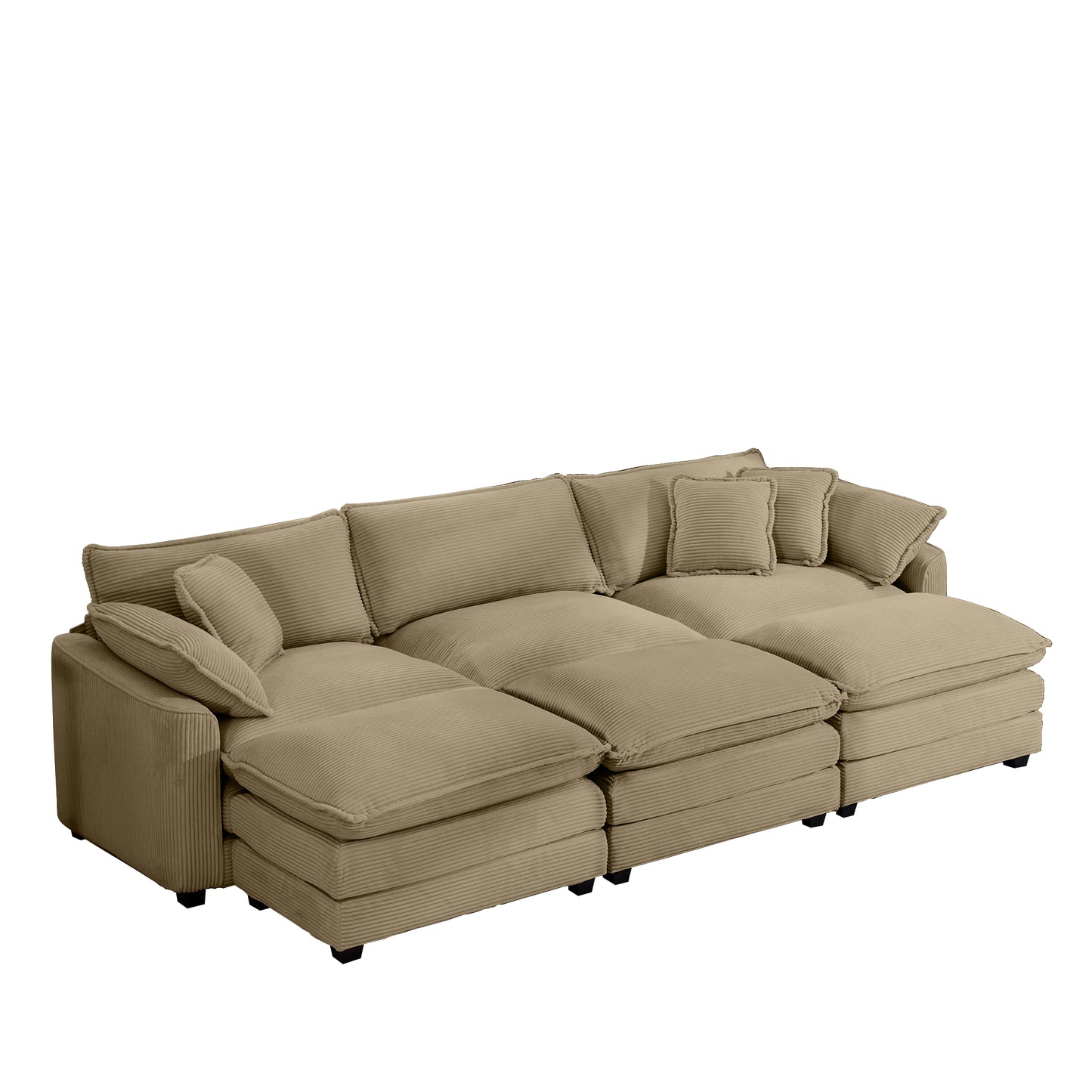 Corduroy sectional sofa in a light tan color featuring plush cushions and a modern lowprofile design
