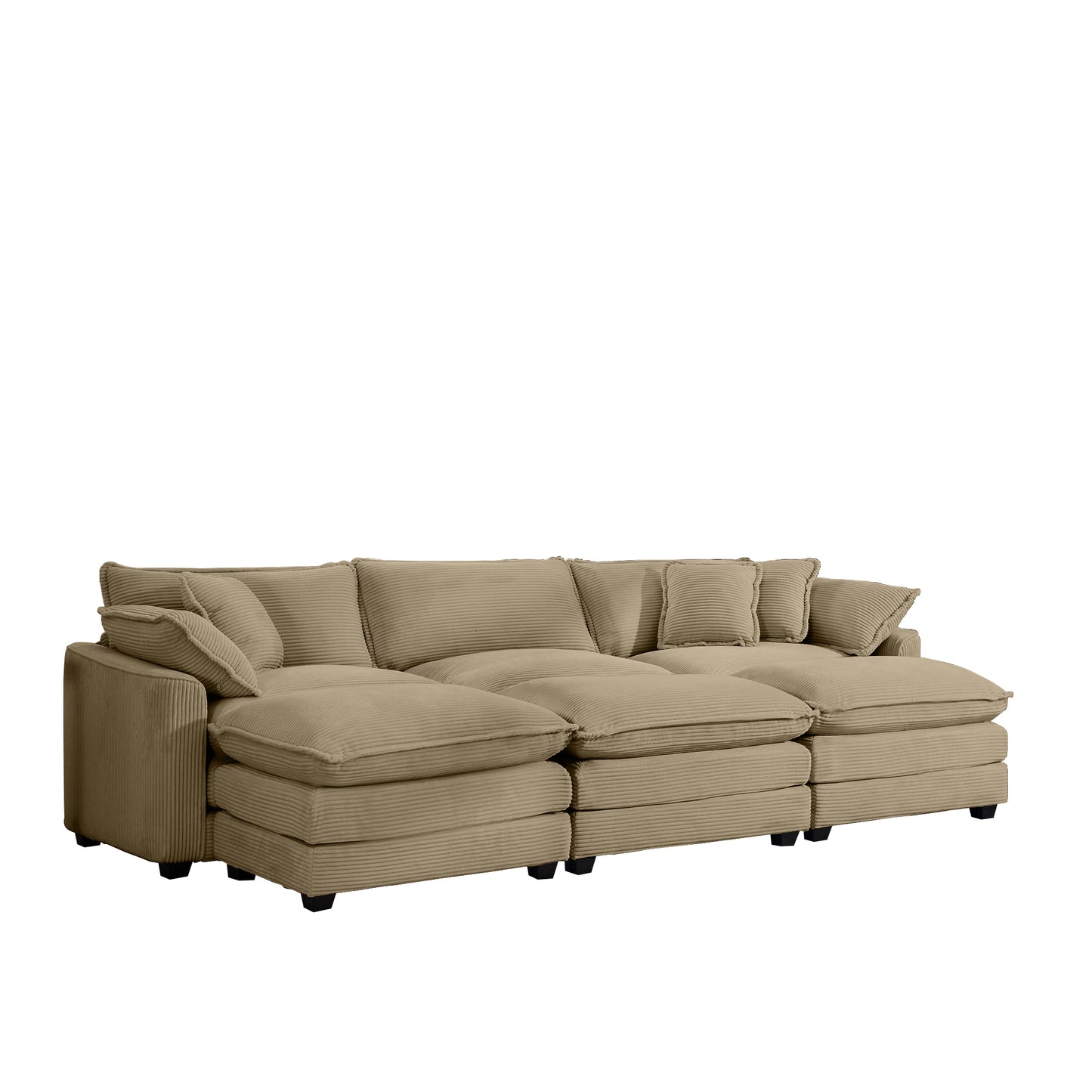 Beige corduroy sectional sofa with plush cushions and matching throw pillows