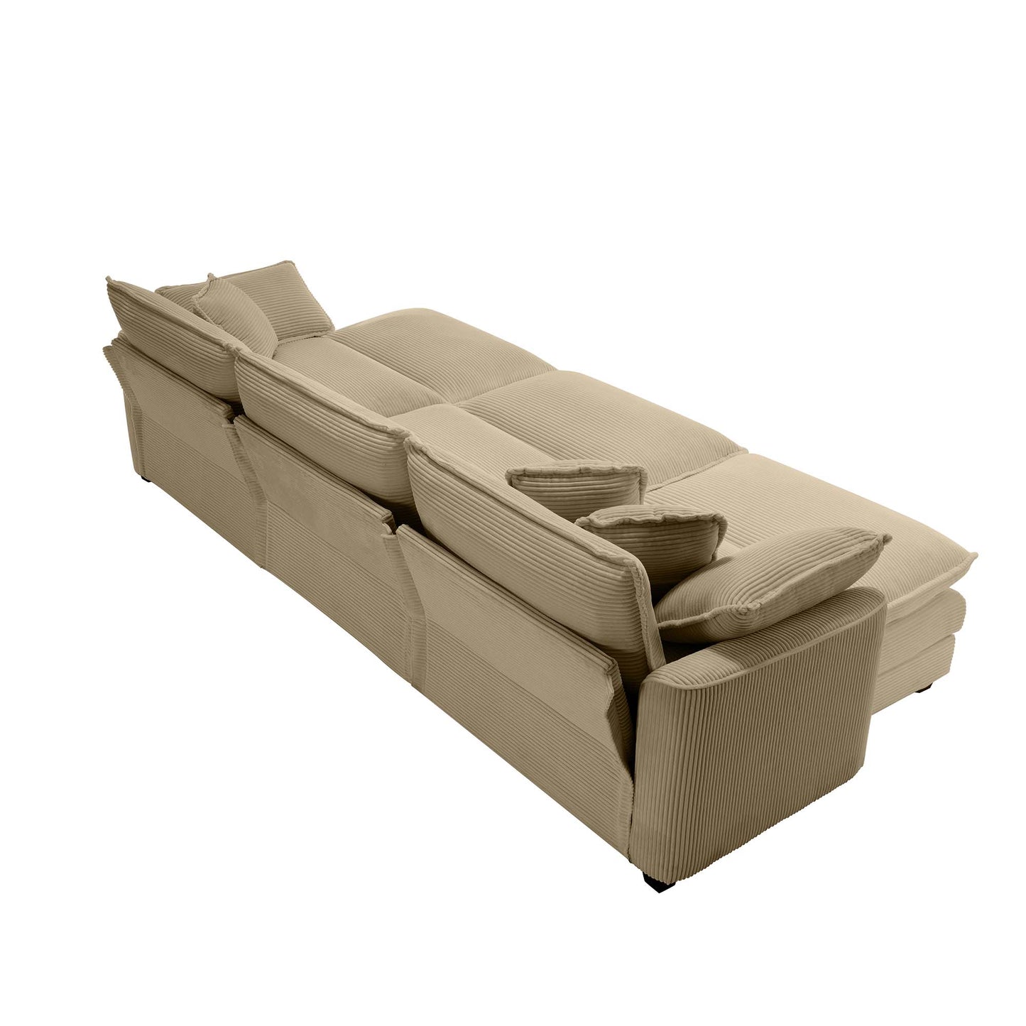 Beige corduroy sectional sofa with multiple cushions