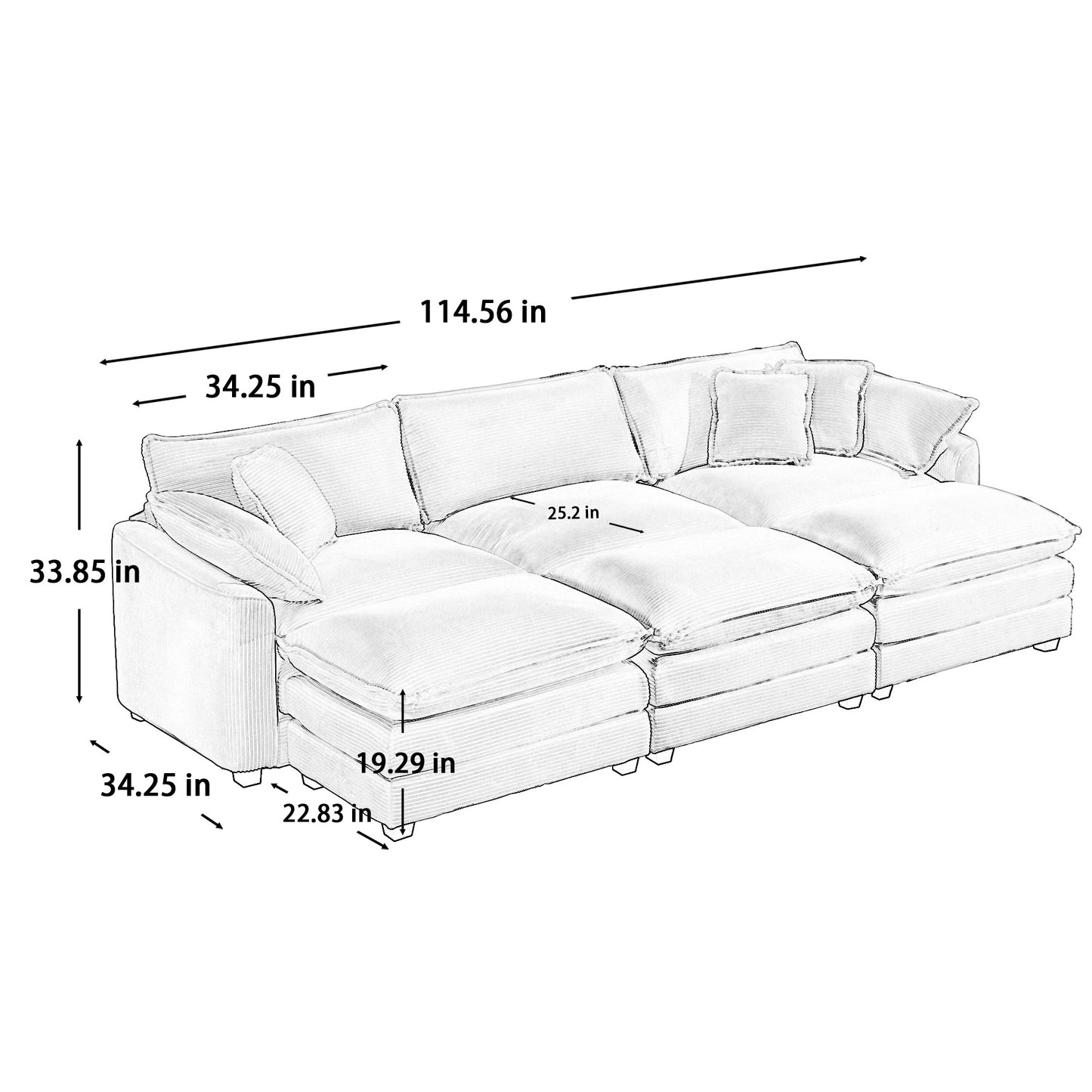Modular sectional sofa in plush corduroy fabric featuring deep seating and multiple cushions