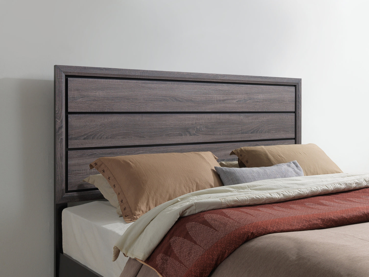Modern grey wood grain headboard with horizontal slats