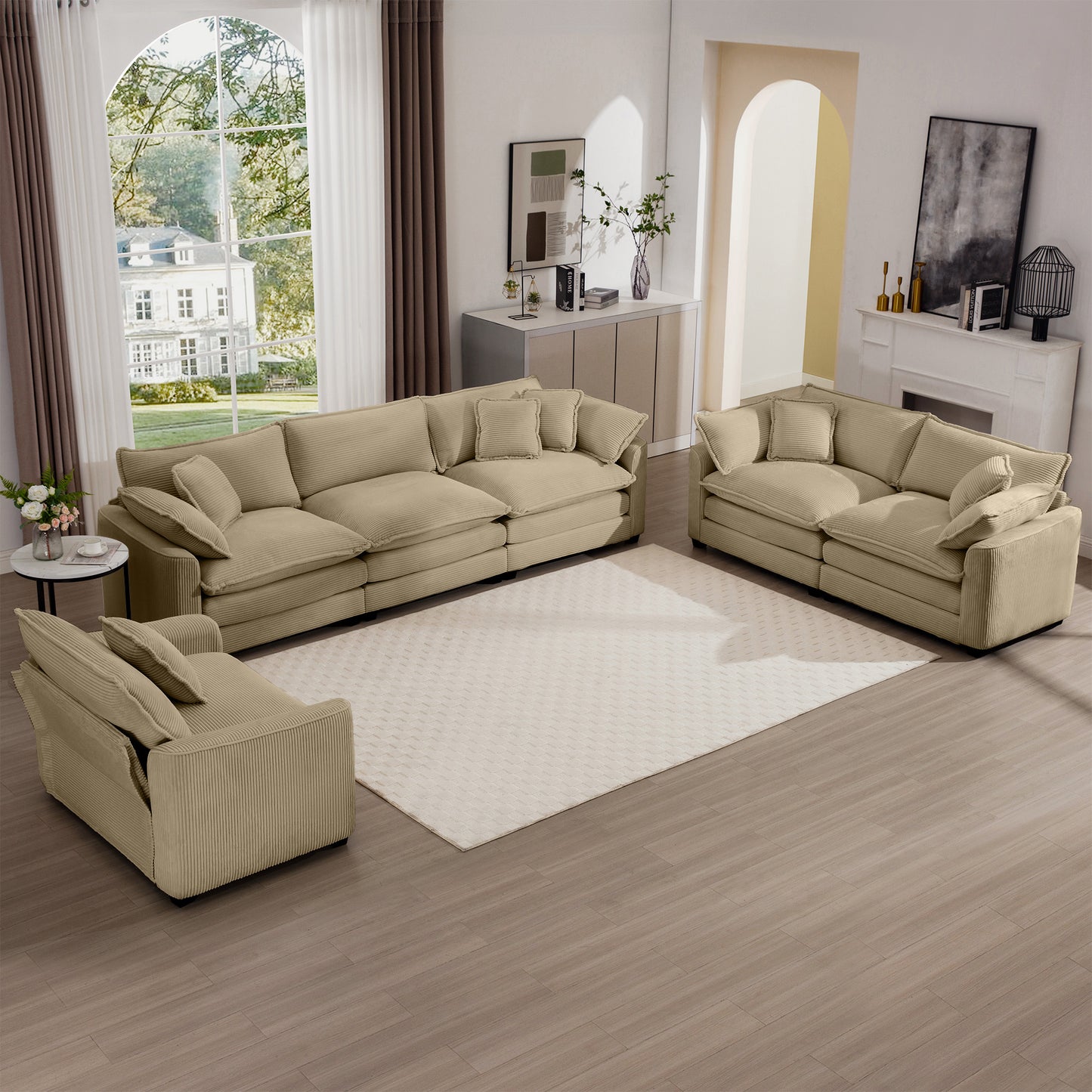 Beige corduroy sectional sofa with plush cushions and throw pillows for a cozy living room
