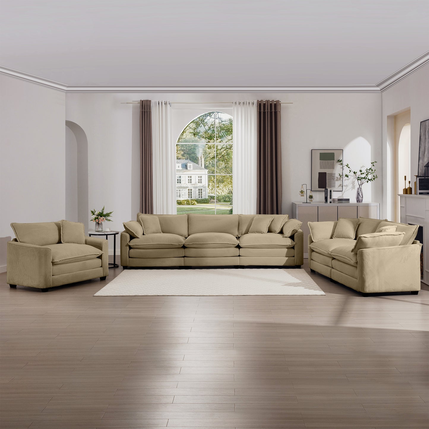Tan corduroy sofa with plush cushions perfect for a cozy living room