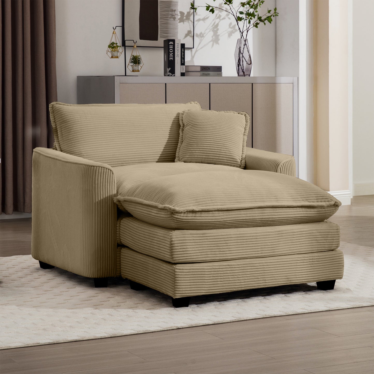 Tan corduroy chaise lounge with plush cushions and a matching throw pillow