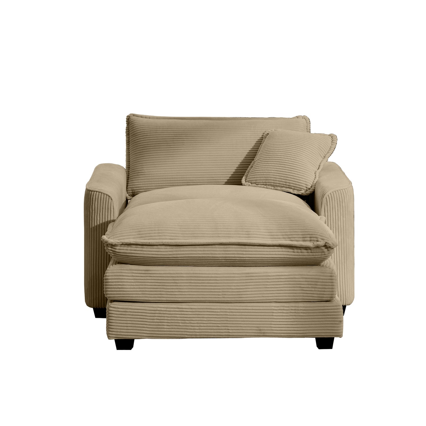 Tan corduroy chaise lounge with plush cushions and dark wood legs perfect for relaxing