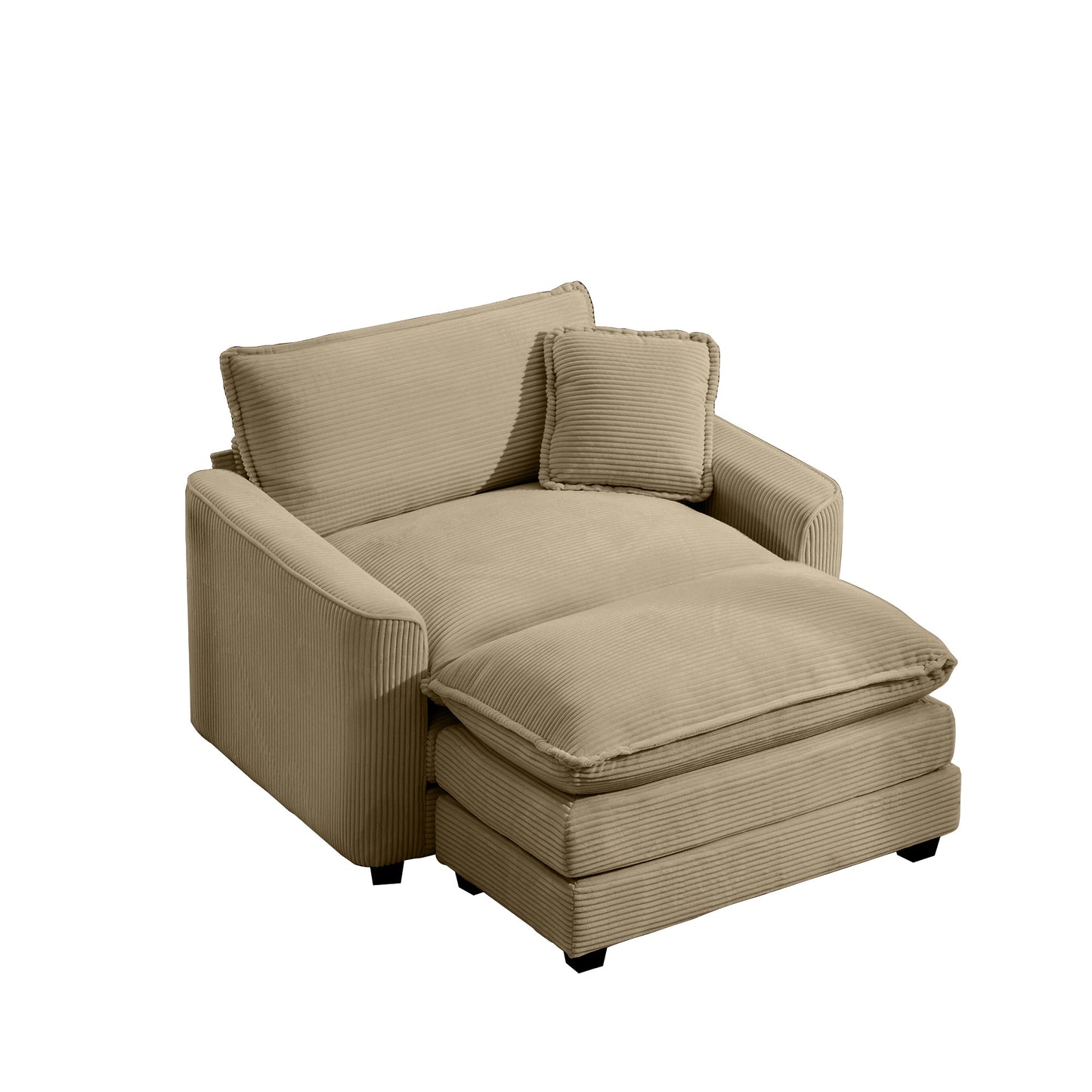 Plush corduroy chaise lounge chair in beige with matching throw pillow perfect for a cozy living room