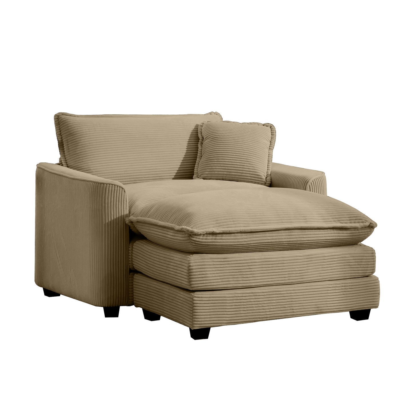 Tan corduroy chaise lounge with plush cushions and a matching accent pillow