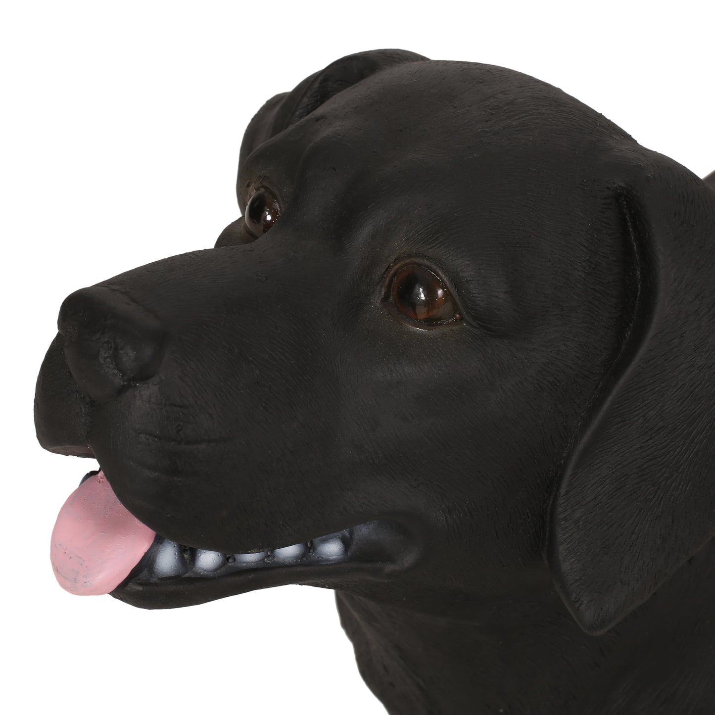 Realistic black Labrador statue with open mouth and pink tongue