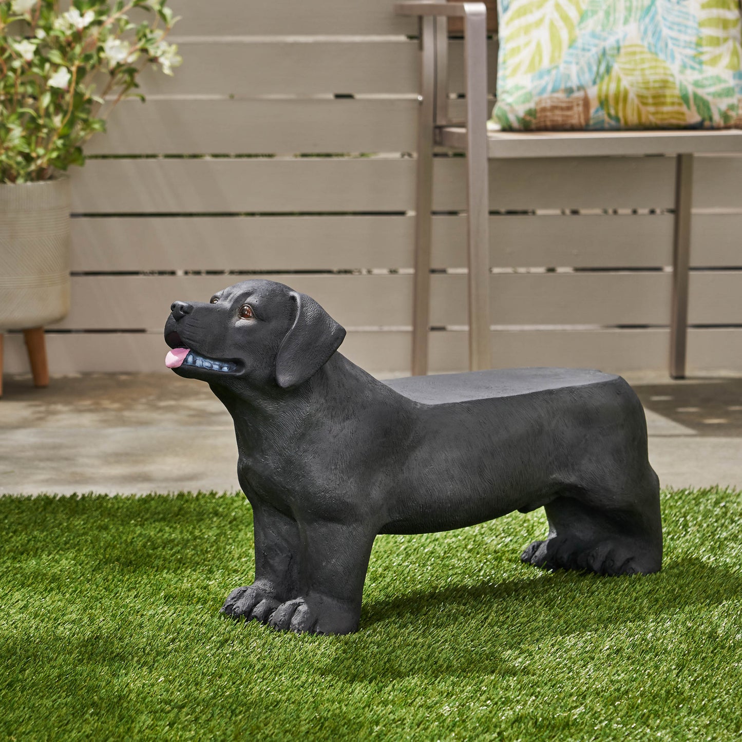 Black Labrador dog statue garden accent realistic texture outdoor decor