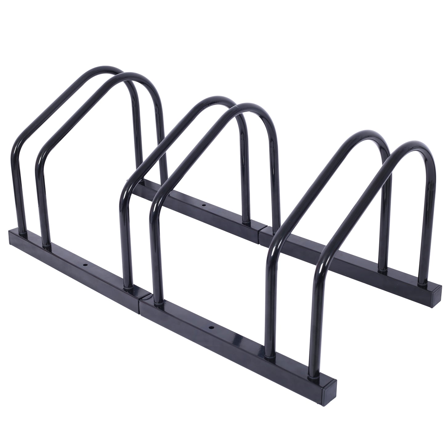 Black metal bike rack with curved supports for secure bicycle parking