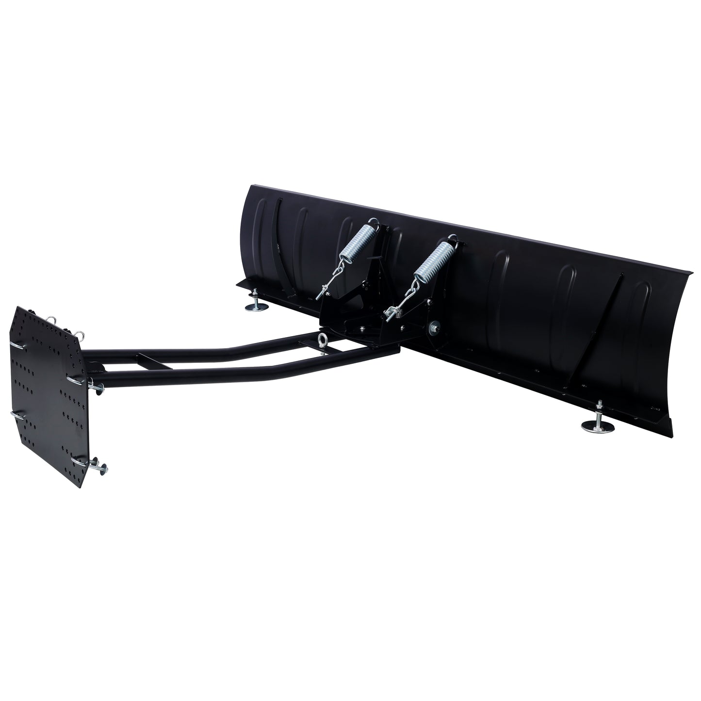 Black steel snow plow blade assembly with adjustable height skids and spring trip mechanism