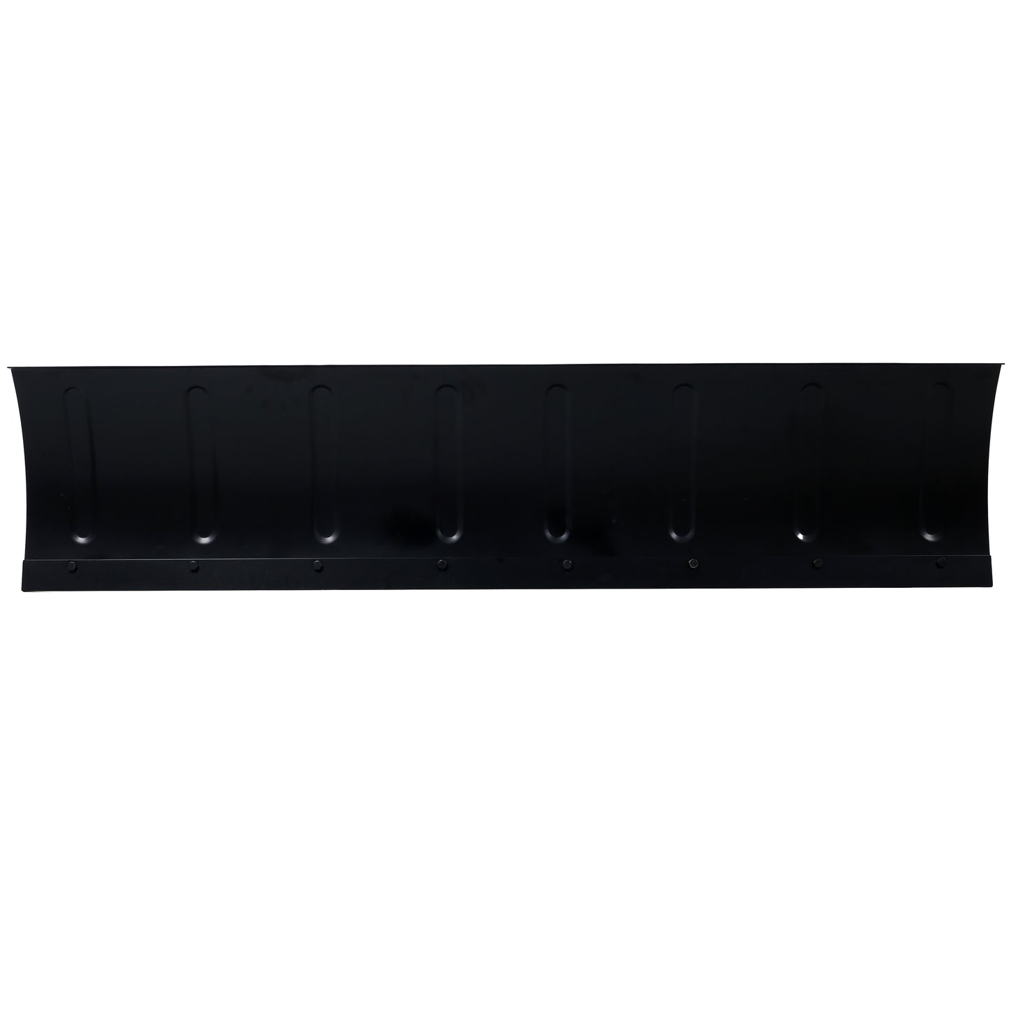 Black metal snow plow blade with curved edges and reinforced vertical supports