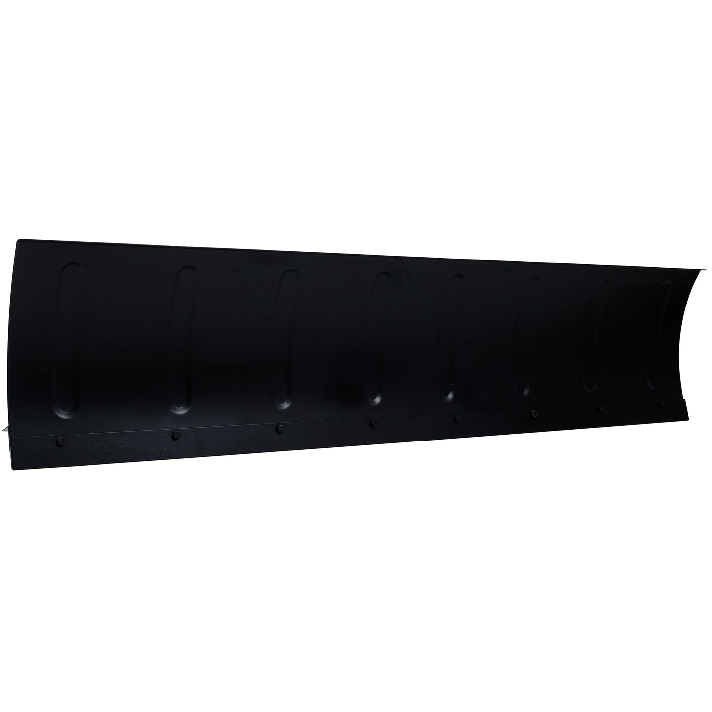 Black metal snow plow blade with reinforced edge and mounting holes