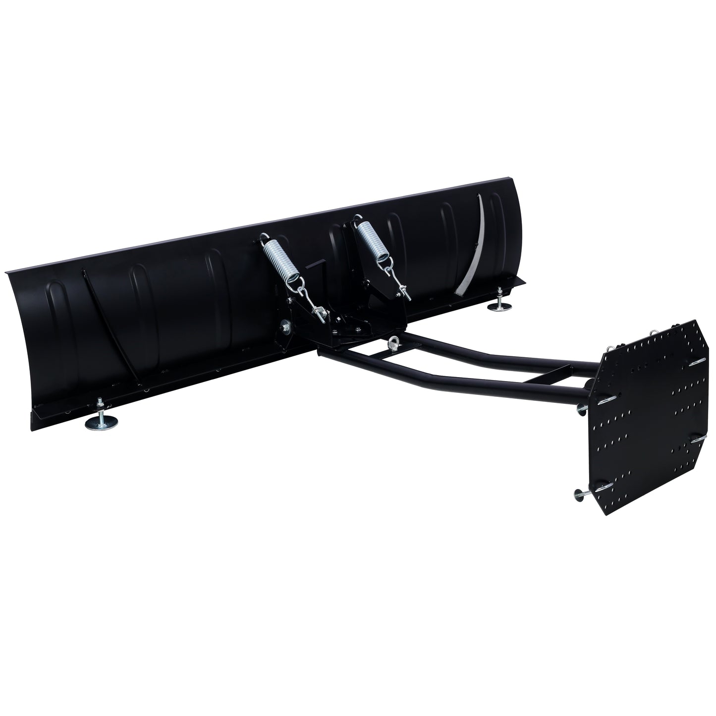 Black steel ATV plow with adjustable height skids and spring trip mechanism