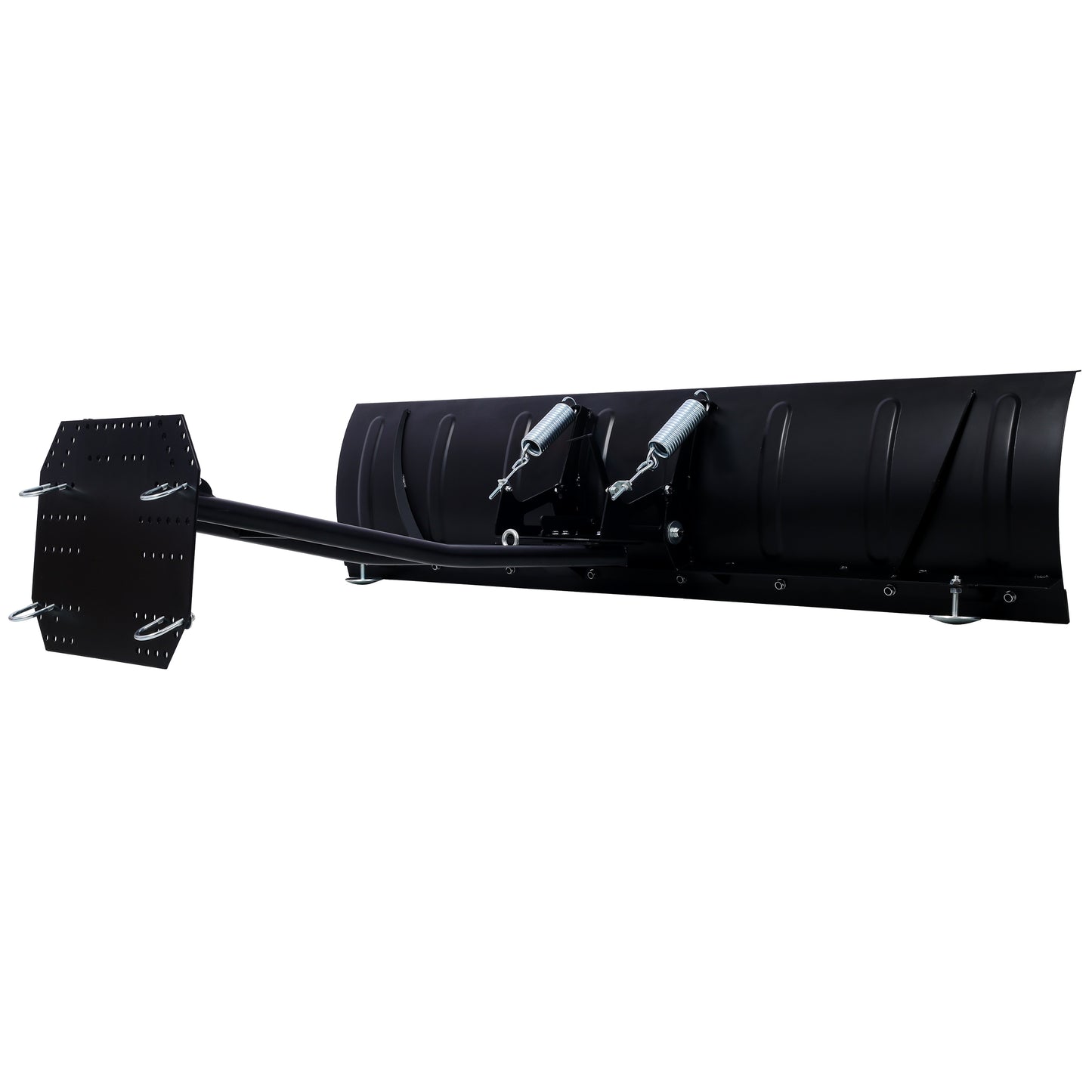 Black steel snow plow attachment with adjustable springs and mounting plate for ATVs