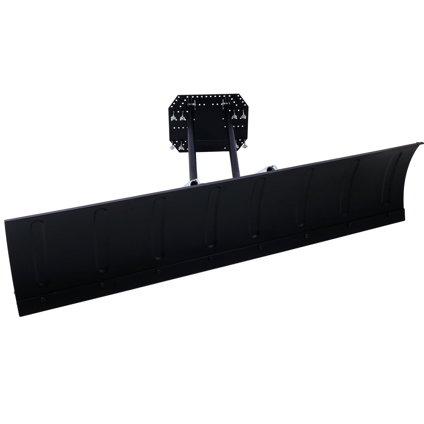 Black steel snow plow blade with a sturdy mounting bracket and springs
