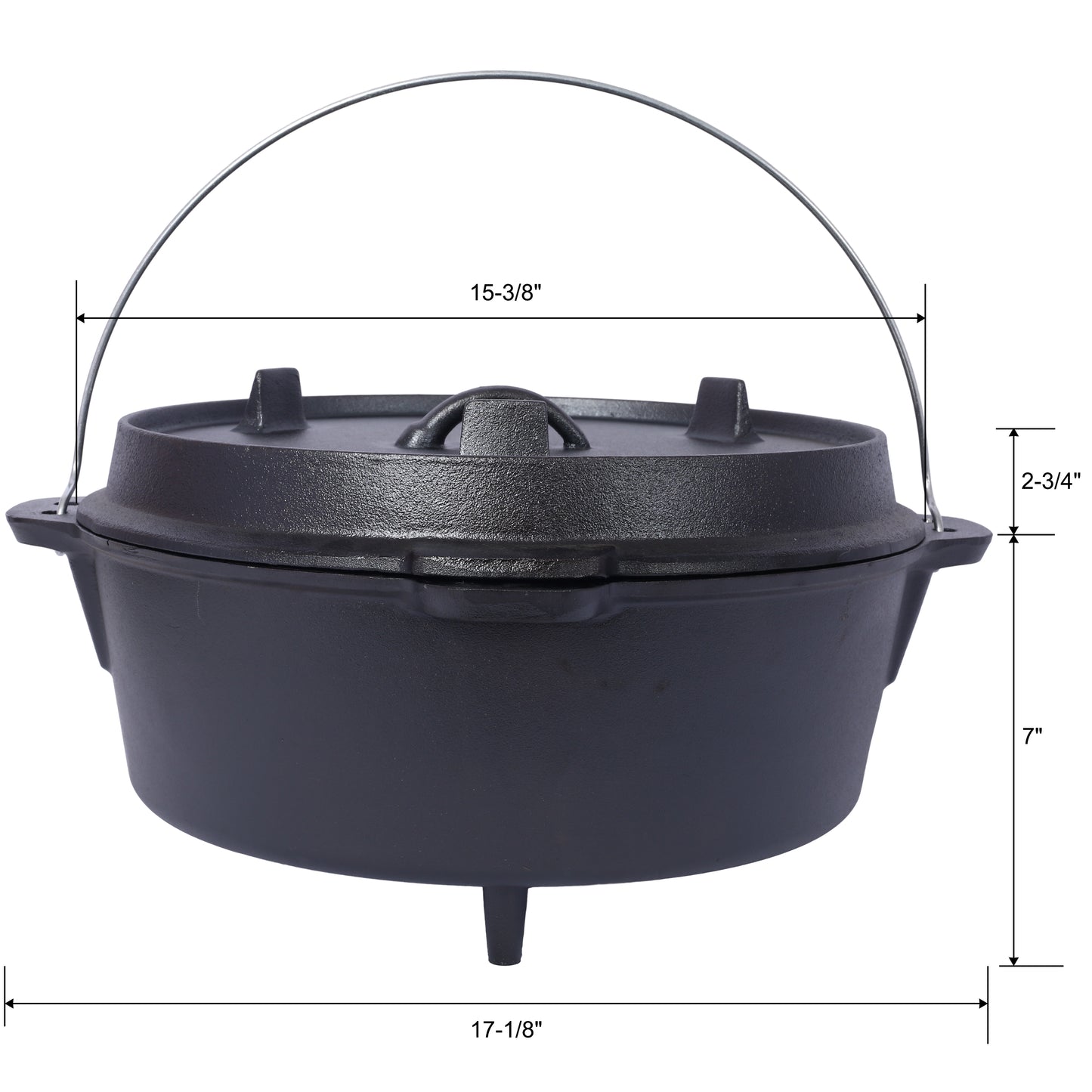 Black cast iron Dutch oven with bail handle ready for campfire cooking