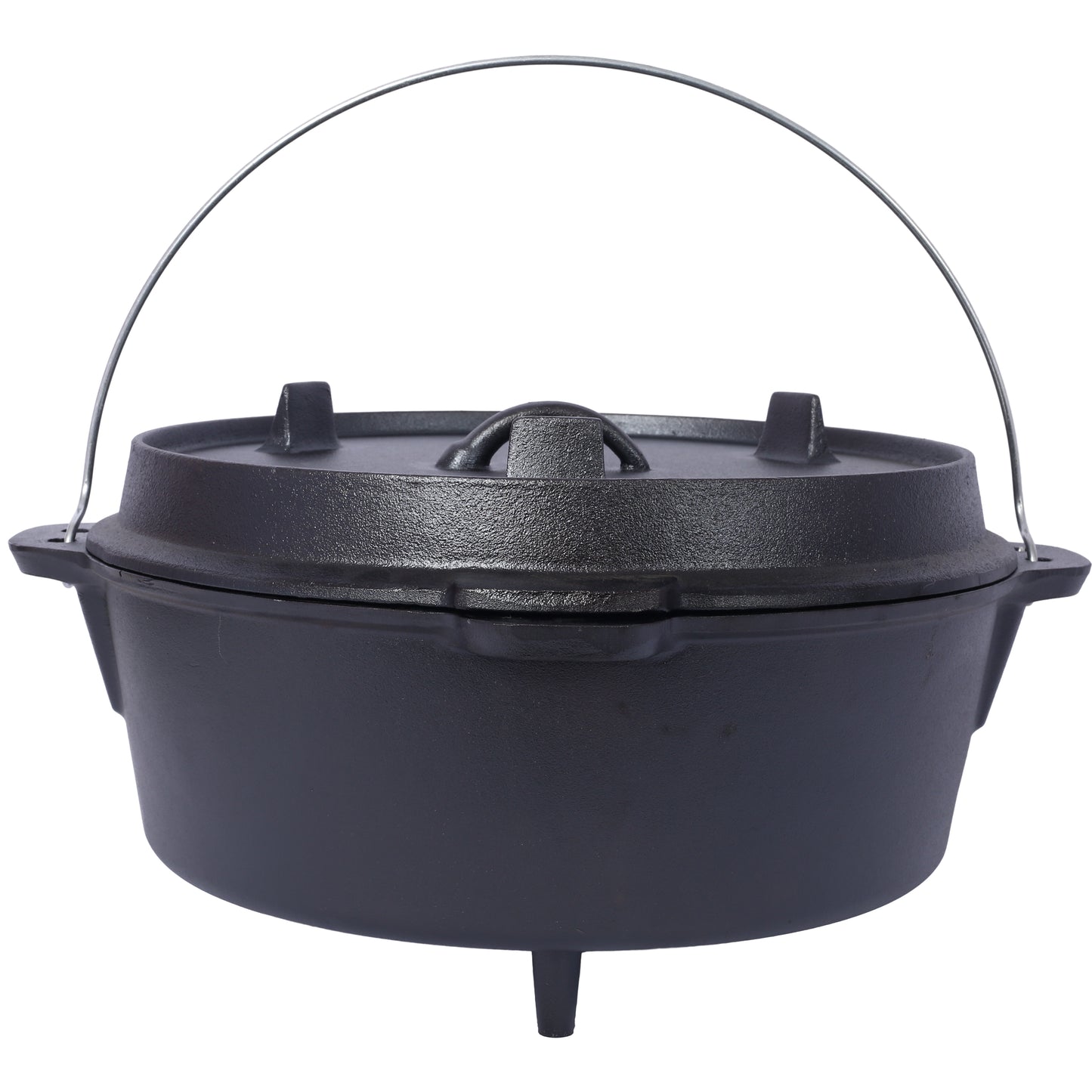 Black cast iron Dutch oven with lid and wire handle ideal for camping or campfire cooking