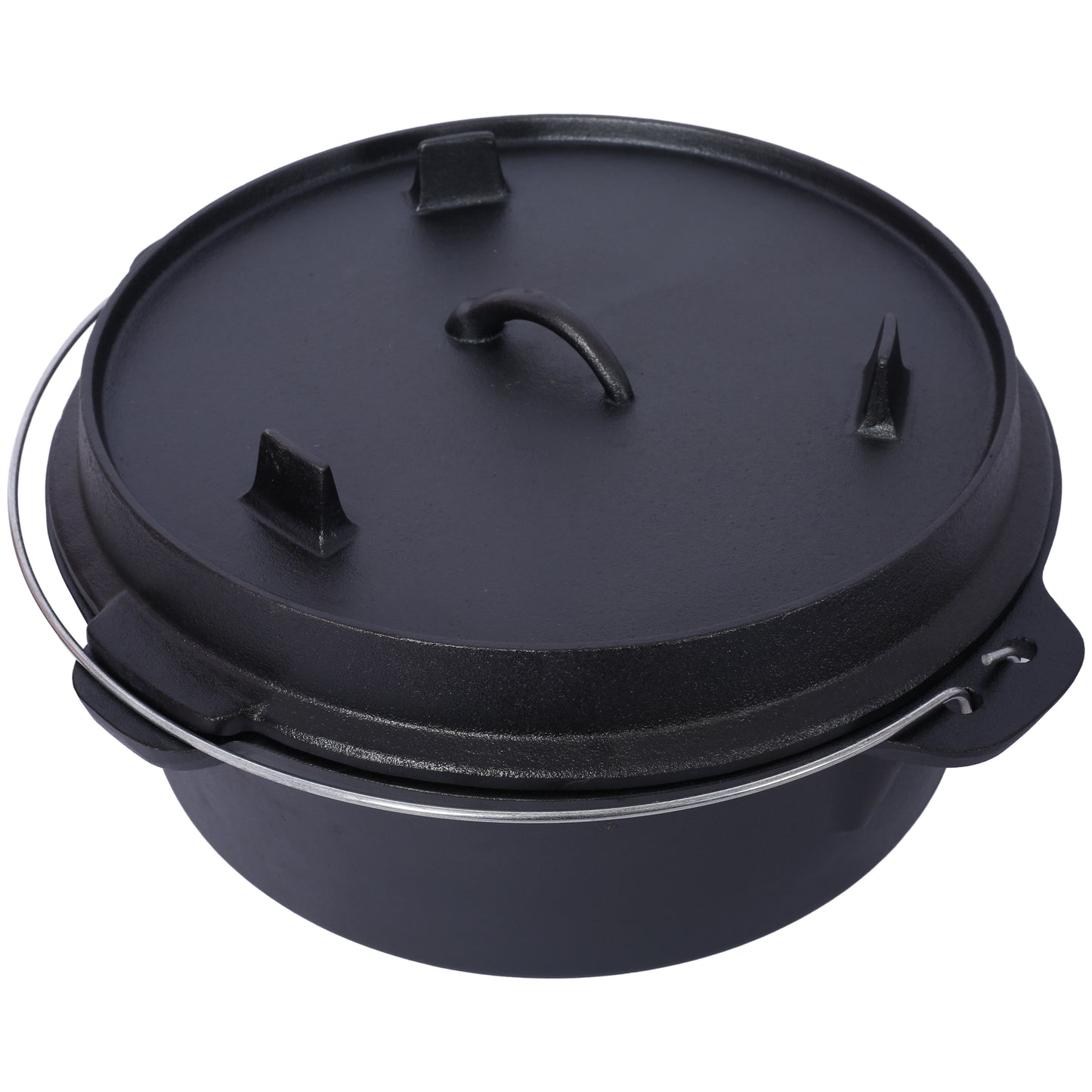 Black cast iron dutch oven with lid bail handle and three legs for outdoor cooking