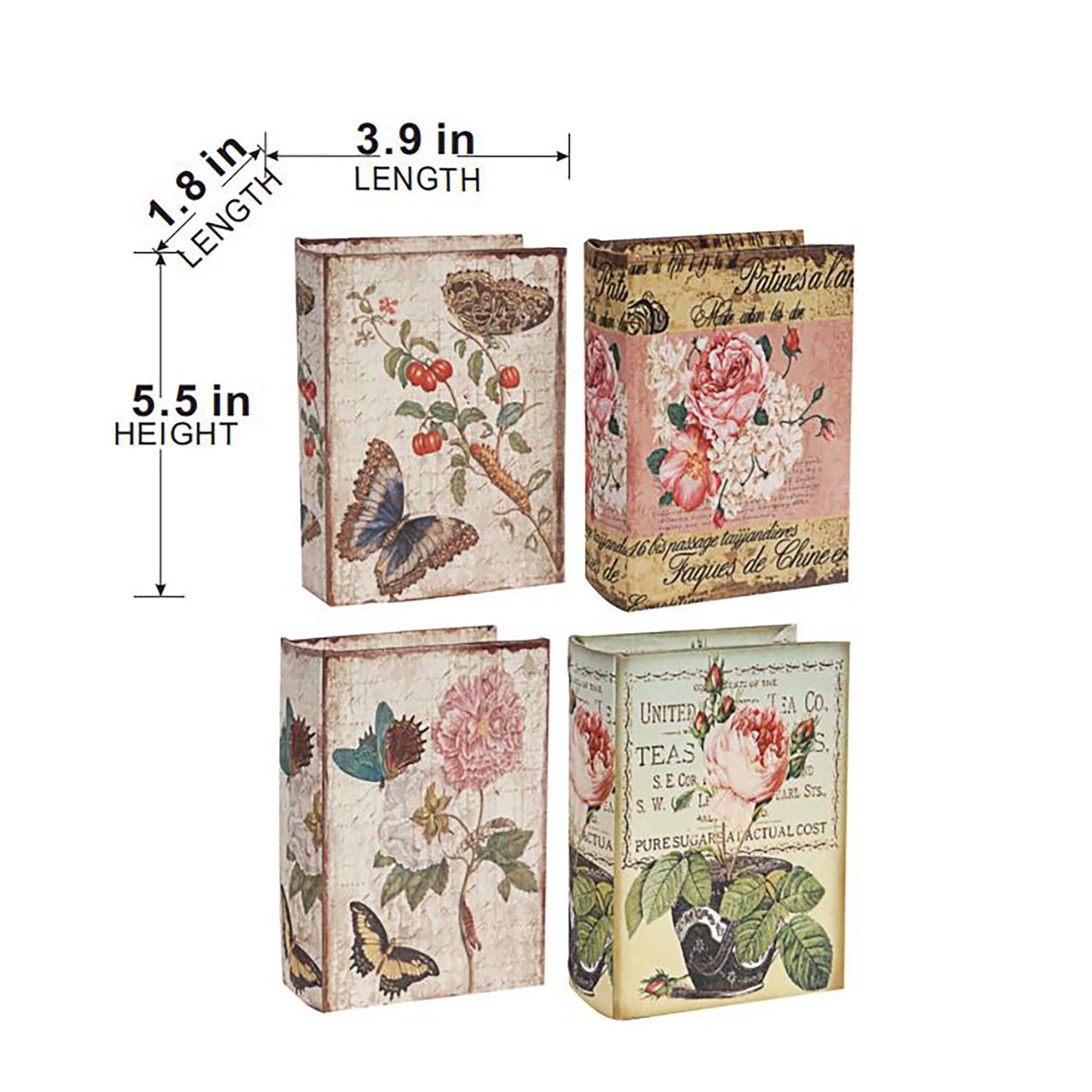 Four decorative storage boxes with vintage floral and butterfly prints