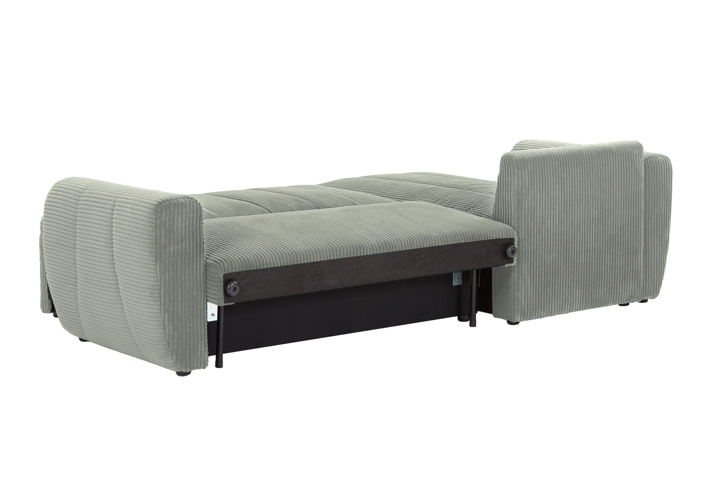 Grey corduroy sofa bed partially unfolded showing hidden storage compartment