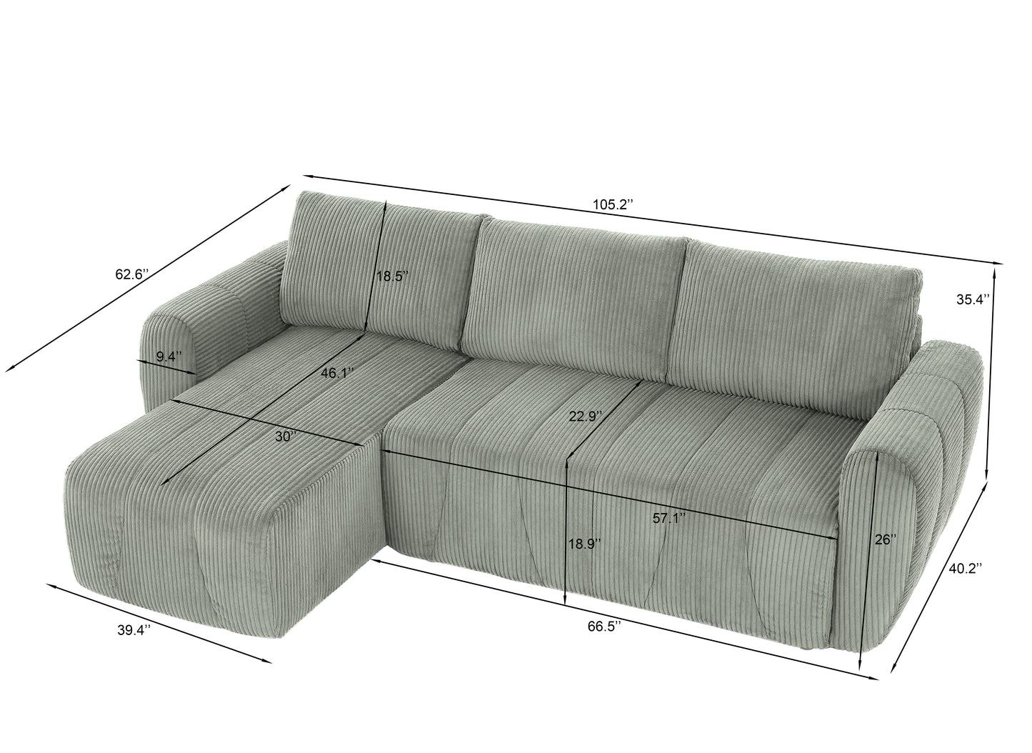 Light gray corduroy sectional sofa with chaise lounge and detailed dimensions
