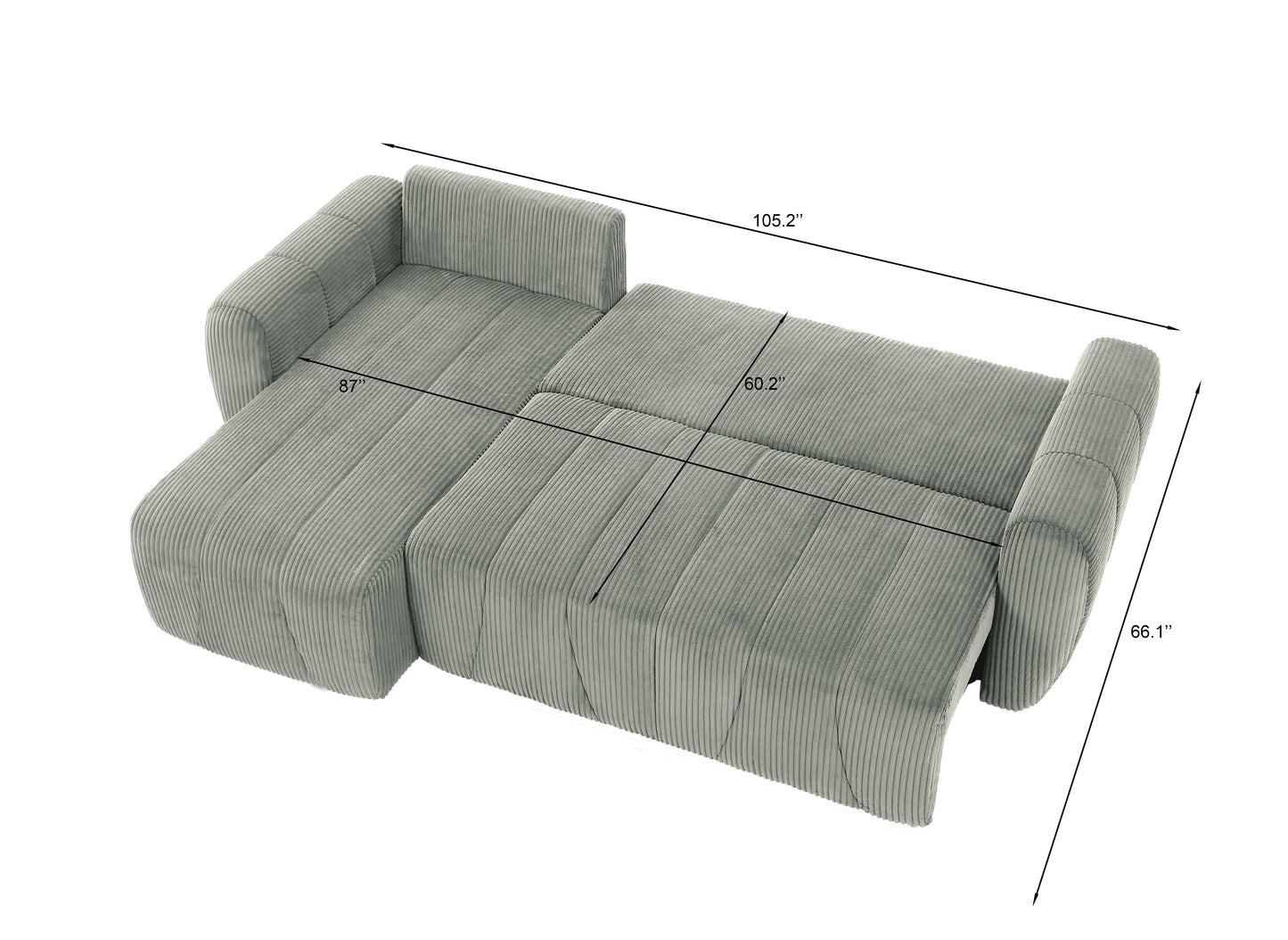 Light grey corduroy sectional sleeper sofa with chaise W