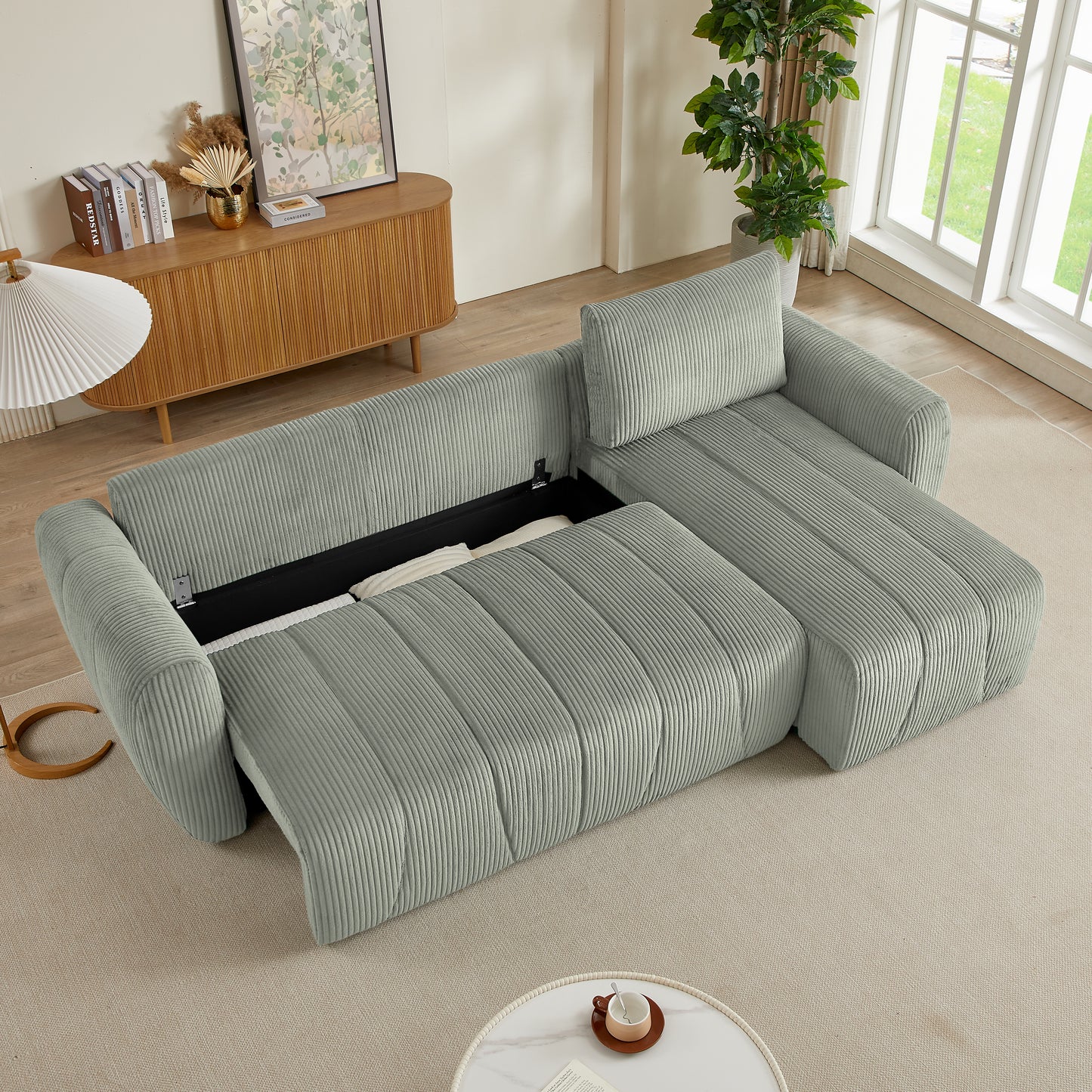 Light grey corduroy sectional sofa with open storage compartment modern living room furniture