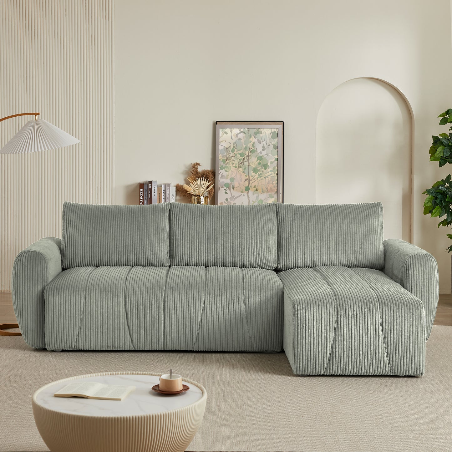 Plush sage green corduroy sectional sofa with chaise perfect for modern living rooms