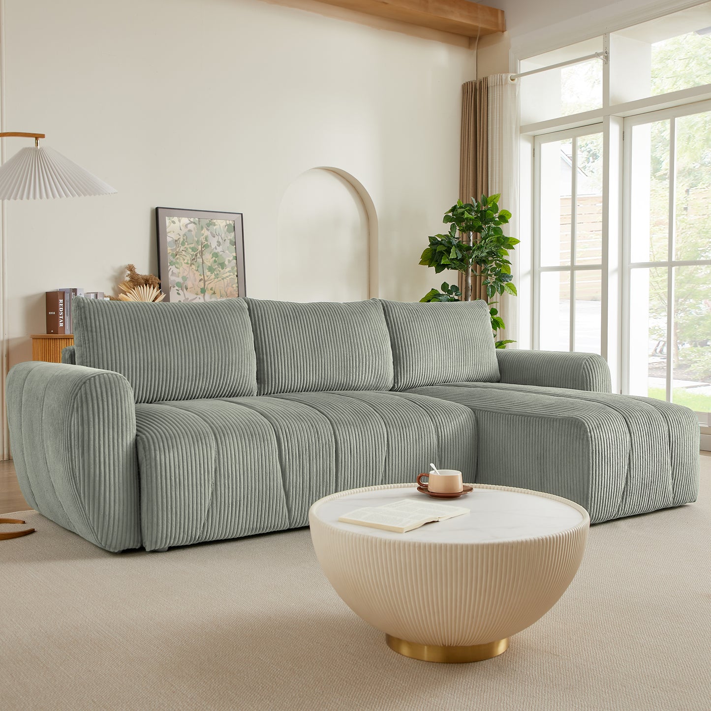 Soft sage corduroy sectional sofa with plush cushions perfect for modern living rooms