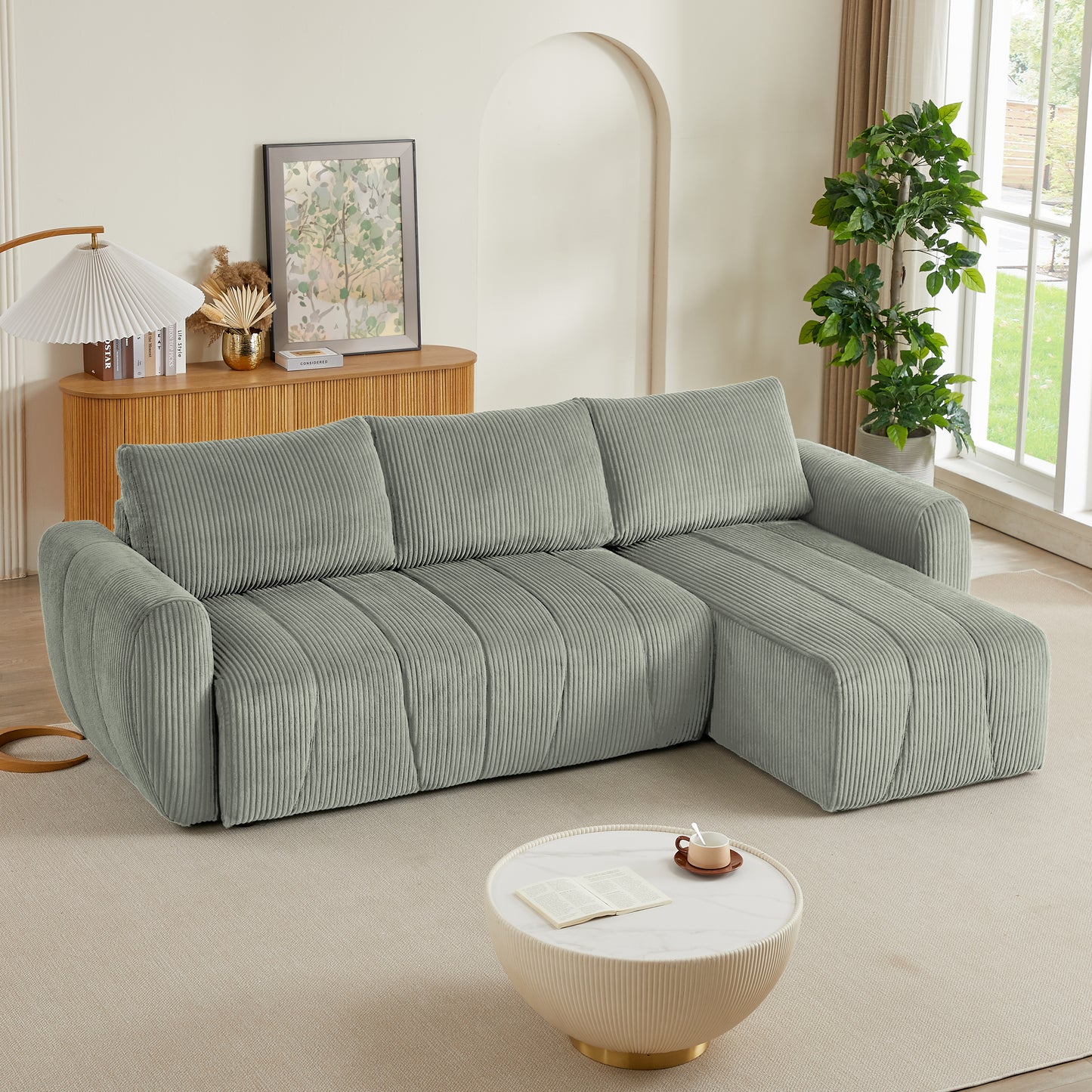 Sage green corduroy sectional sofa with plush cushions perfect for modern living rooms