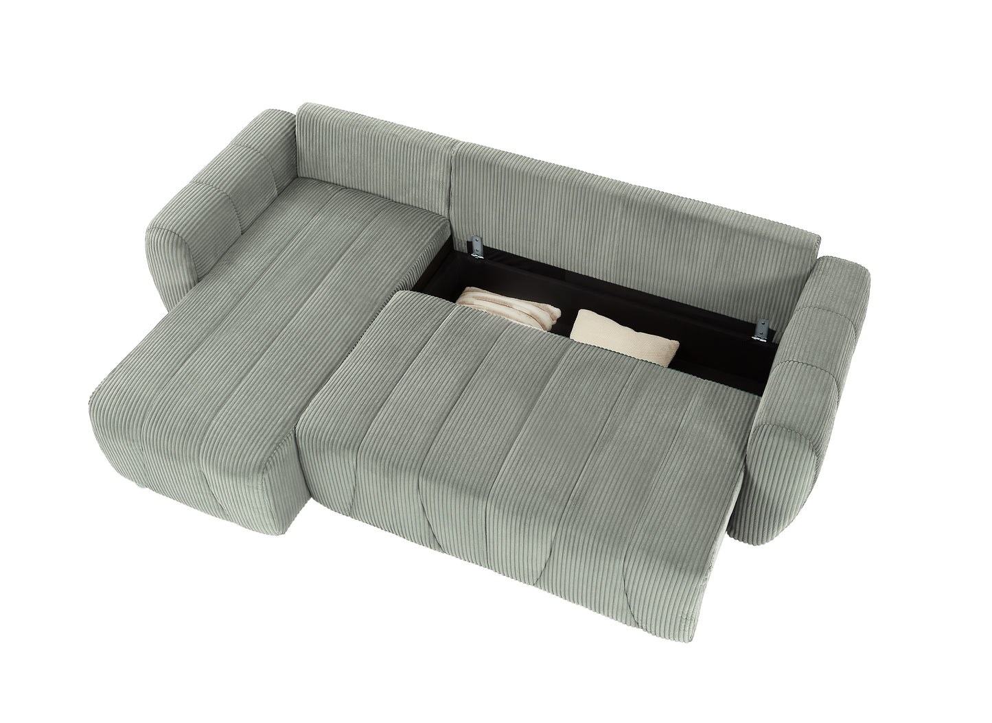 Light grey corduroy sectional sofa with open storage compartment and folded blankets