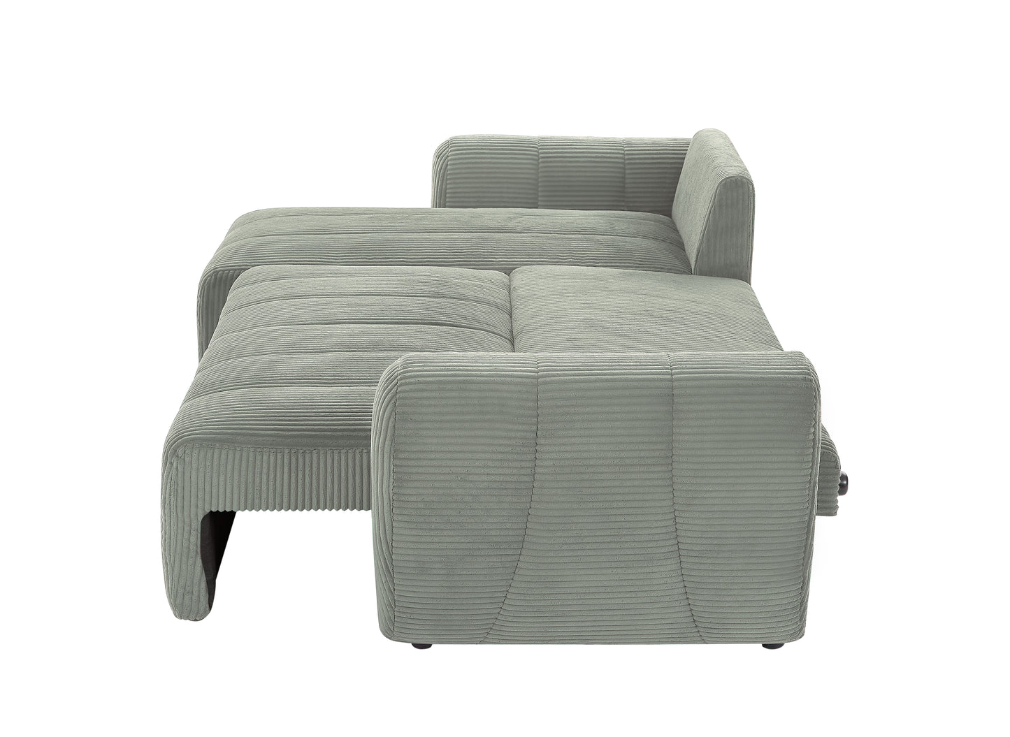Light grey corduroy sectional sofa with extended chaise lounge and ribbed texture