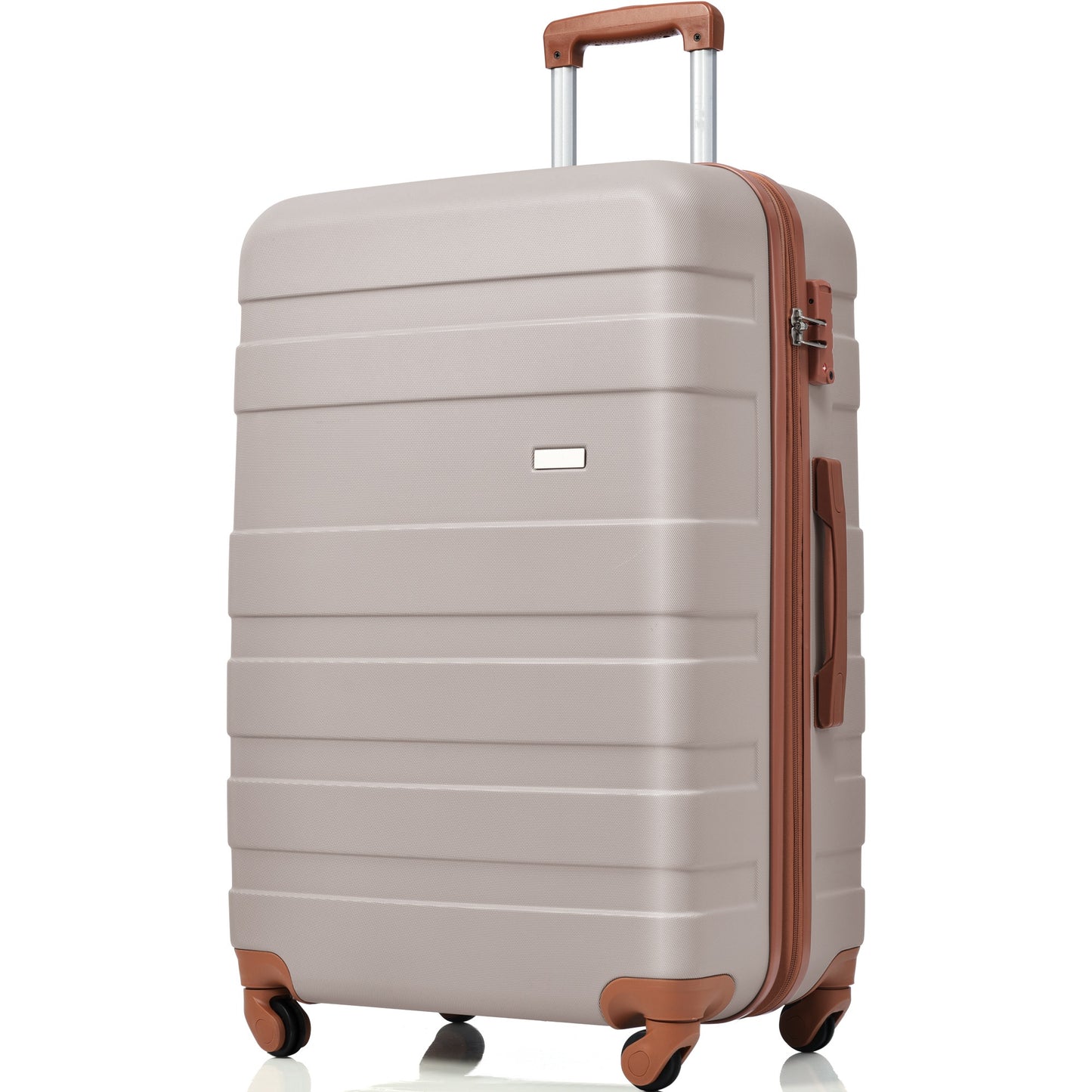 Light gray hardshell suitcase with brown accents and four spinner wheels for travel