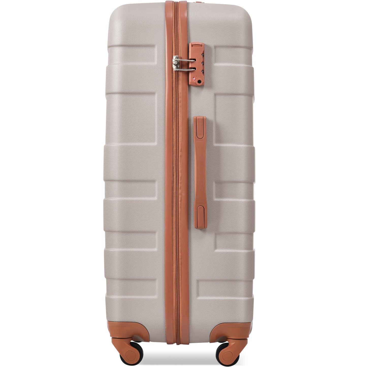 Light grey hard shell luggage with brown trim and TSA lock for travel
