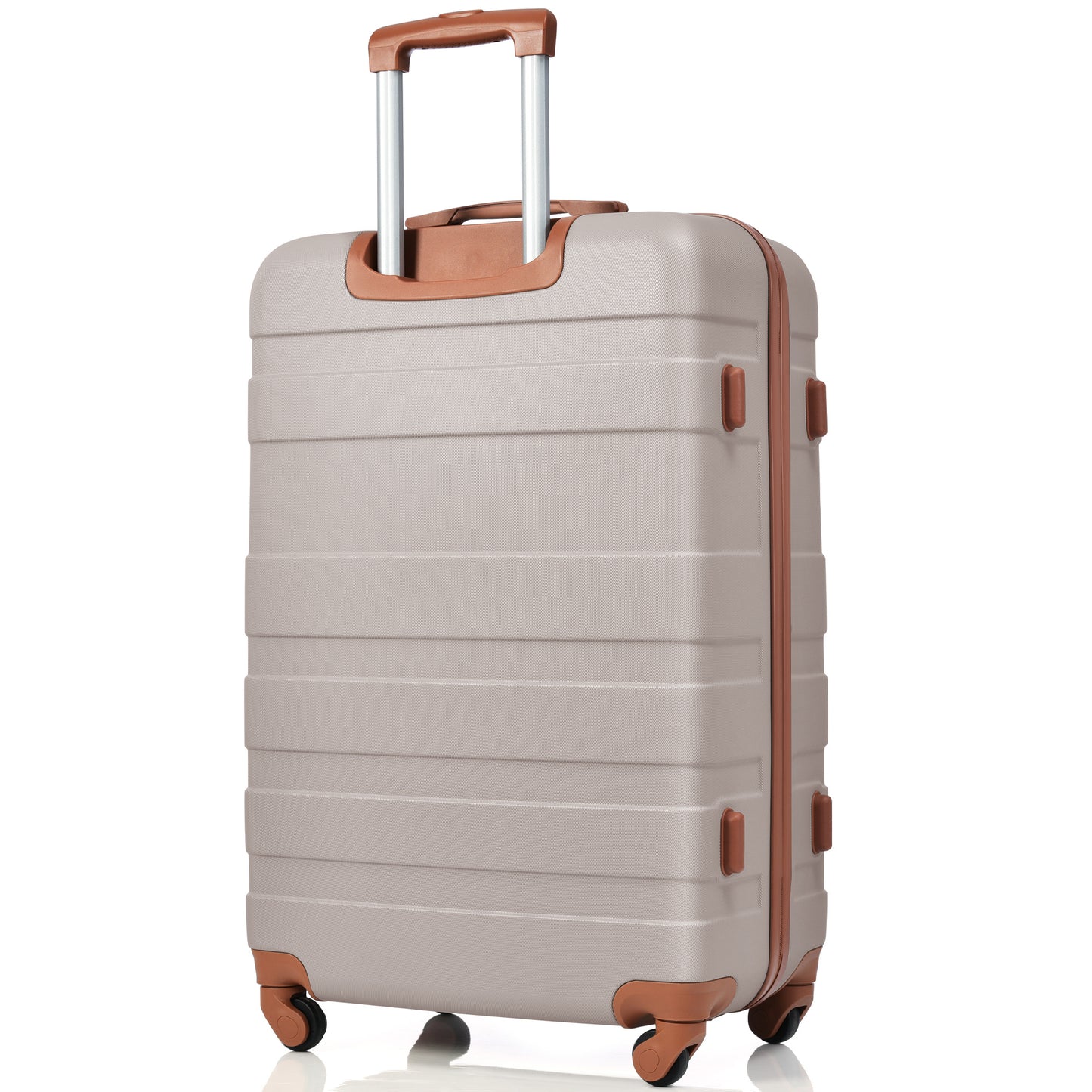 Light grey hardshell suitcase with rose gold accents and TSA lock for secure travel