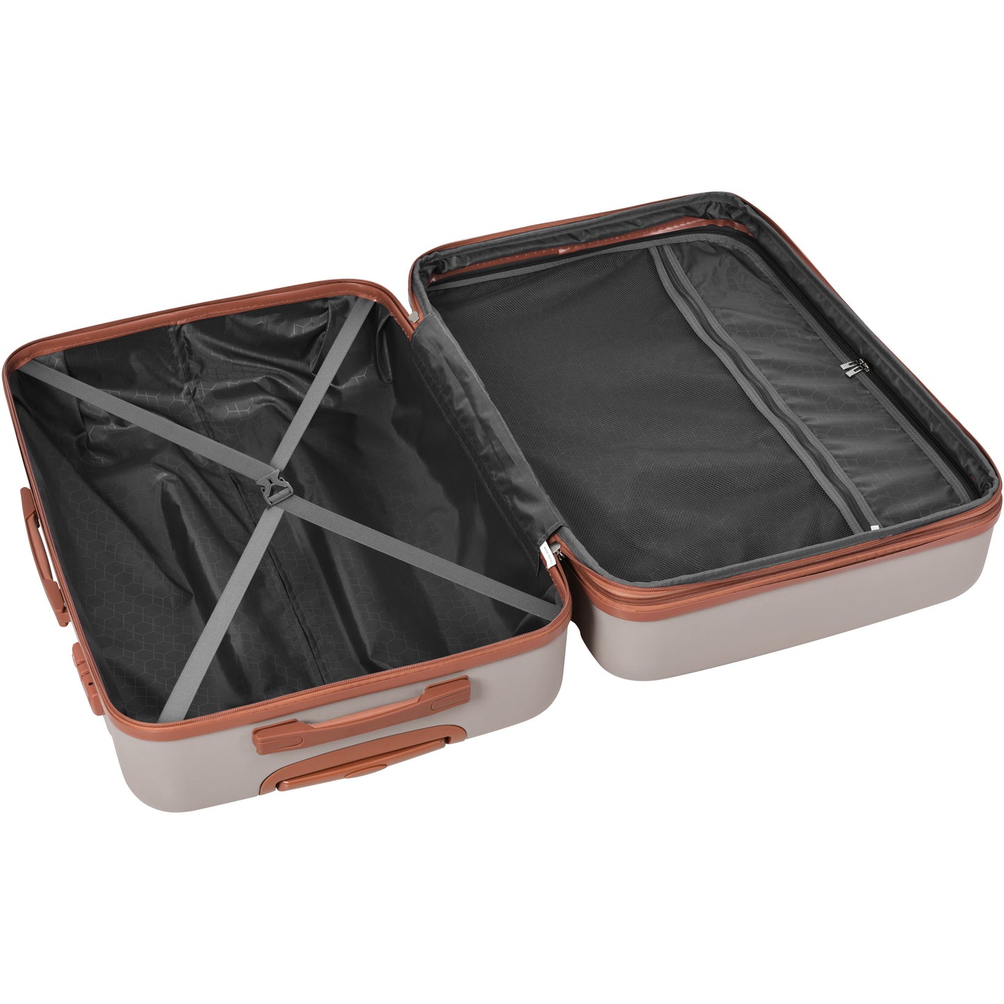 Open tan luggage with brown accents and grey interior travel essential