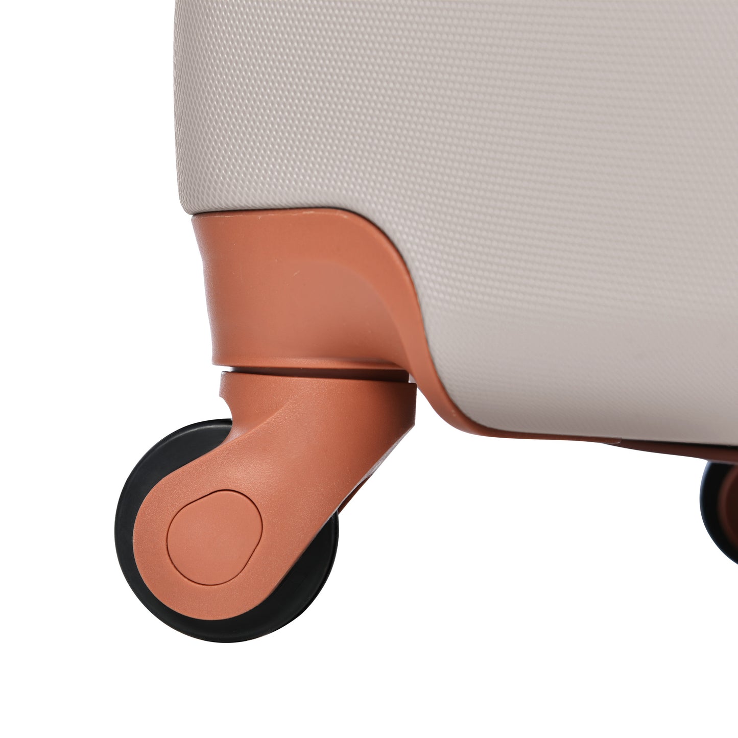Closeup of a textured light grey suitcase wheel in a modern travel design