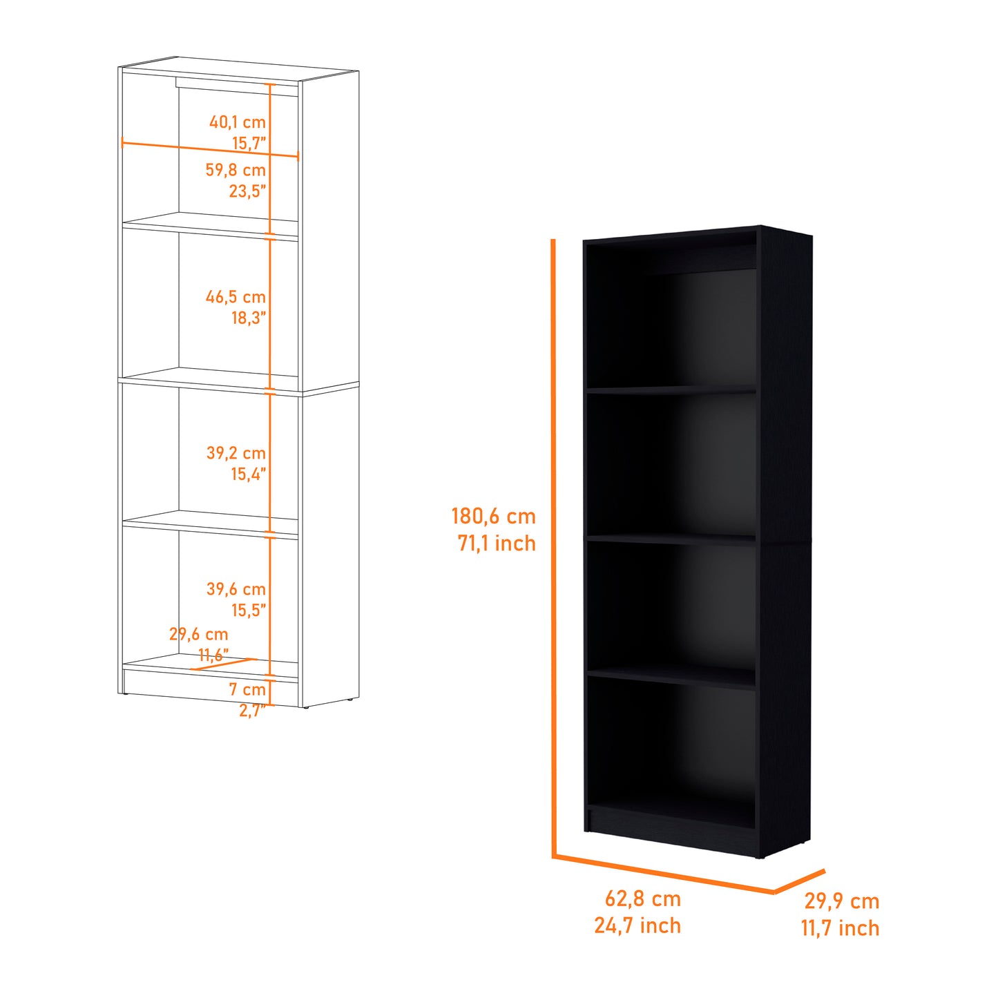 Tall black bookshelf with four open shelves dimensions indicated