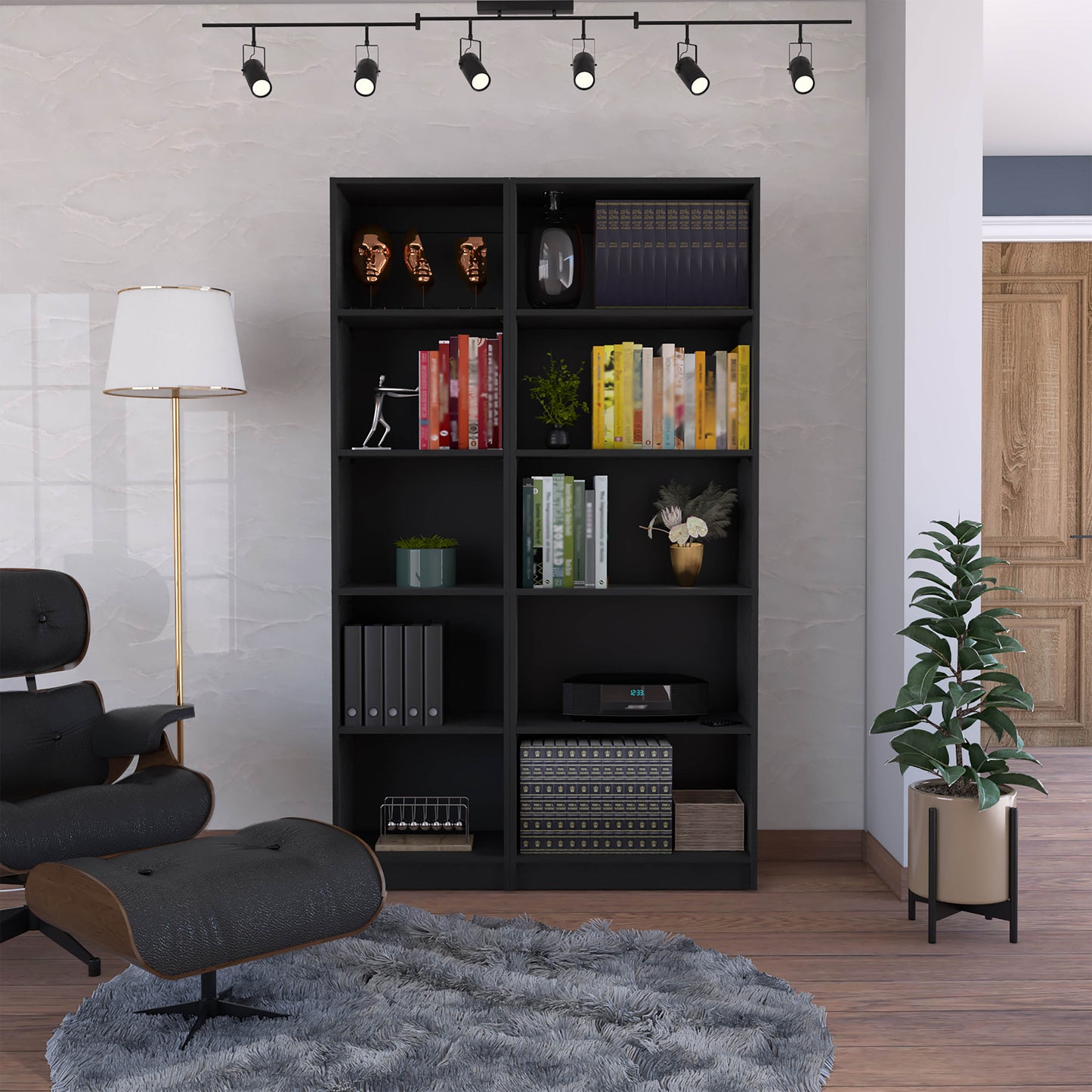 Black leather recliner and ottoman set on a plush grey rug