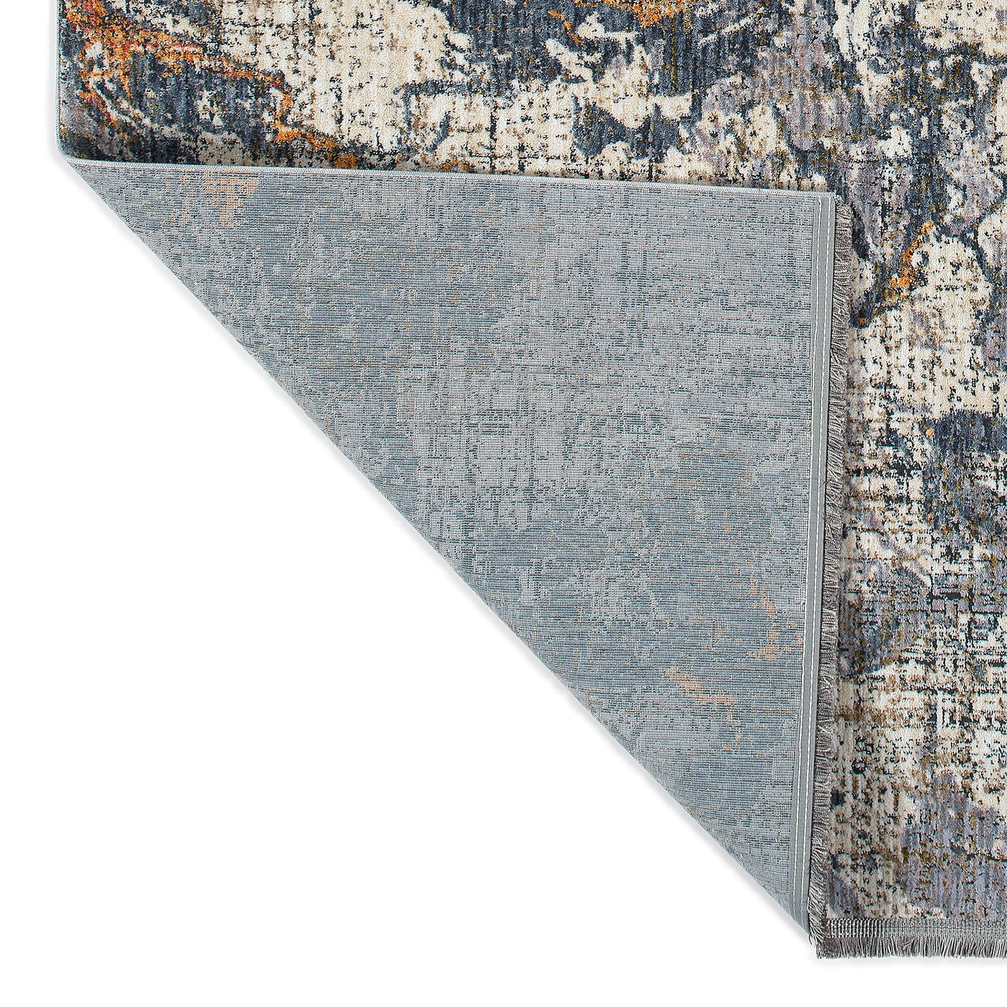 Modern abstract area rug with distressed gray cream and rust design elements