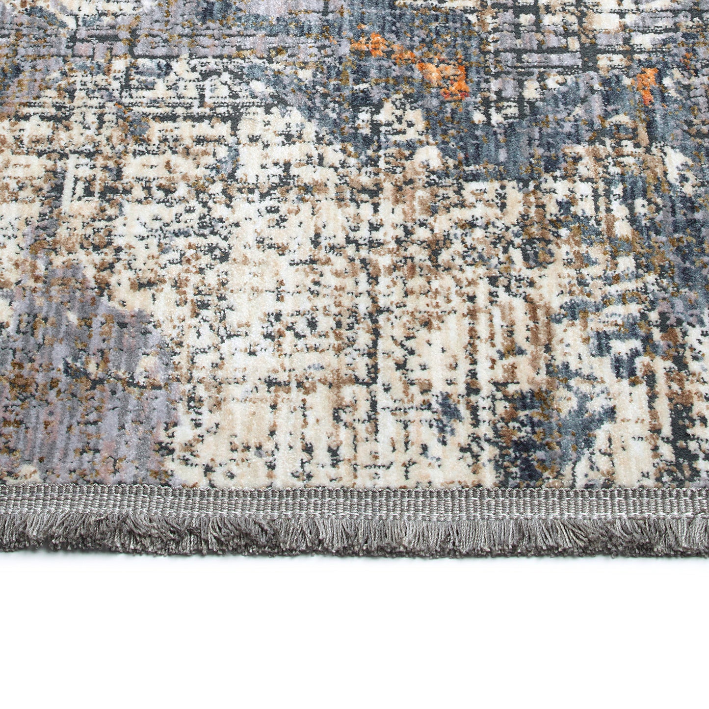 Modern abstract rug in cream grey and orange hues with a fringed edge
